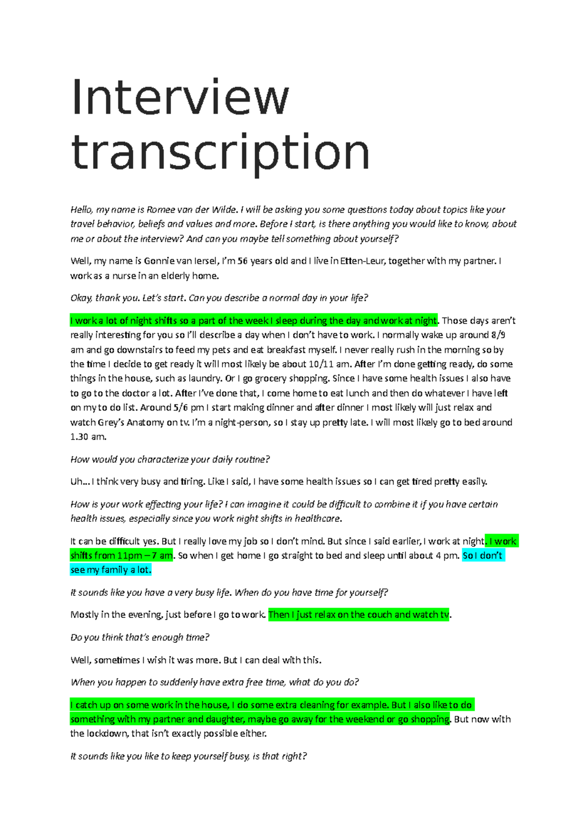 Interview transcription coding - Interview transcription Hello, my name ...
