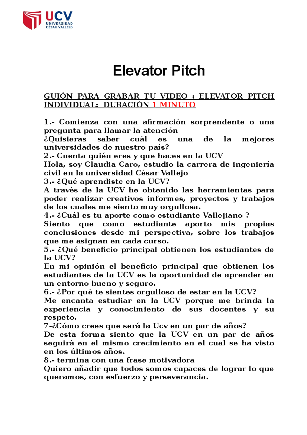 2º Producto Nº 13 Elevator Pitch GUIÓN PARA GRABAR TU VIDEO ELEVATOR PITCH INDIVIDUAL