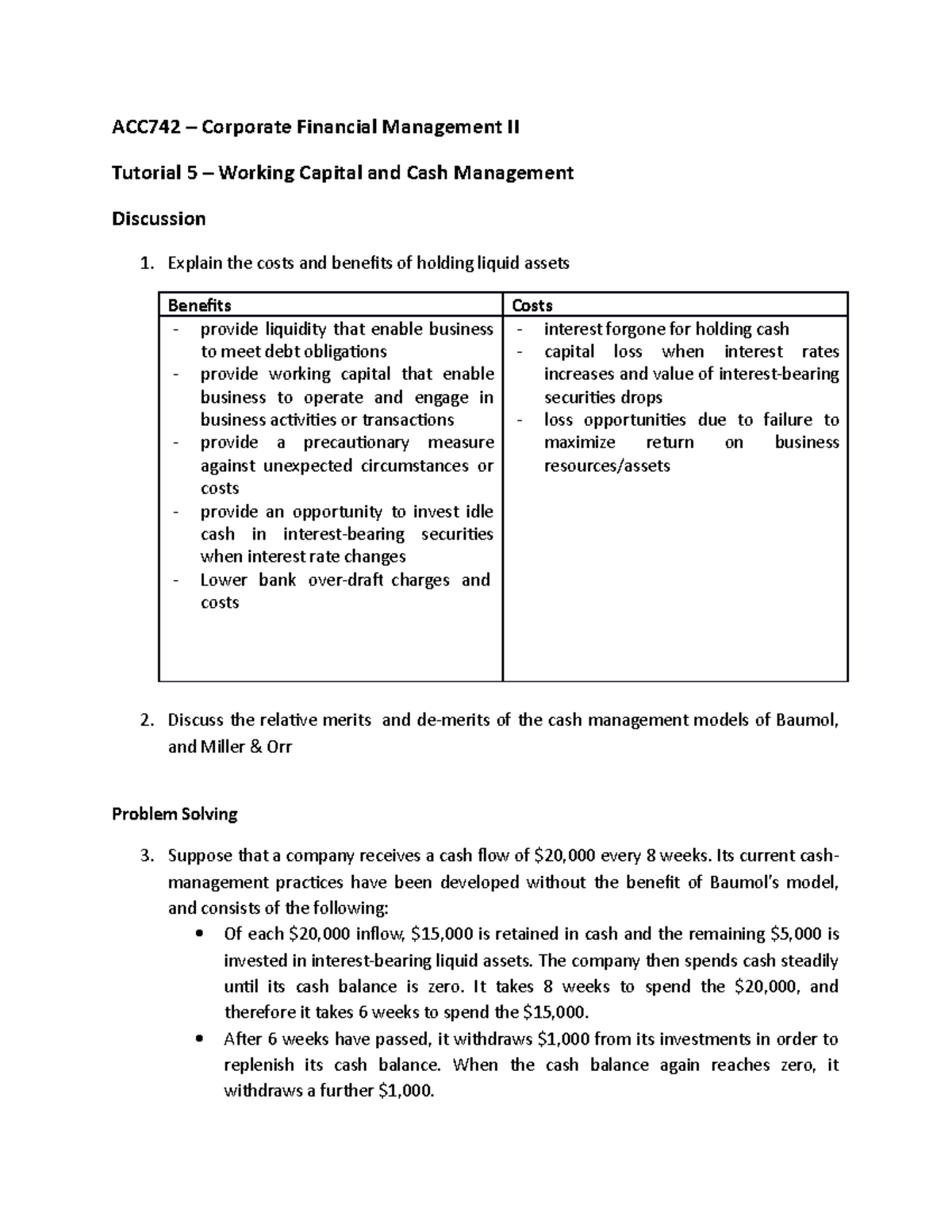 Tutorial 5 Solutions - Lecture notes 5 - ACC742 – Corporate Financial ...