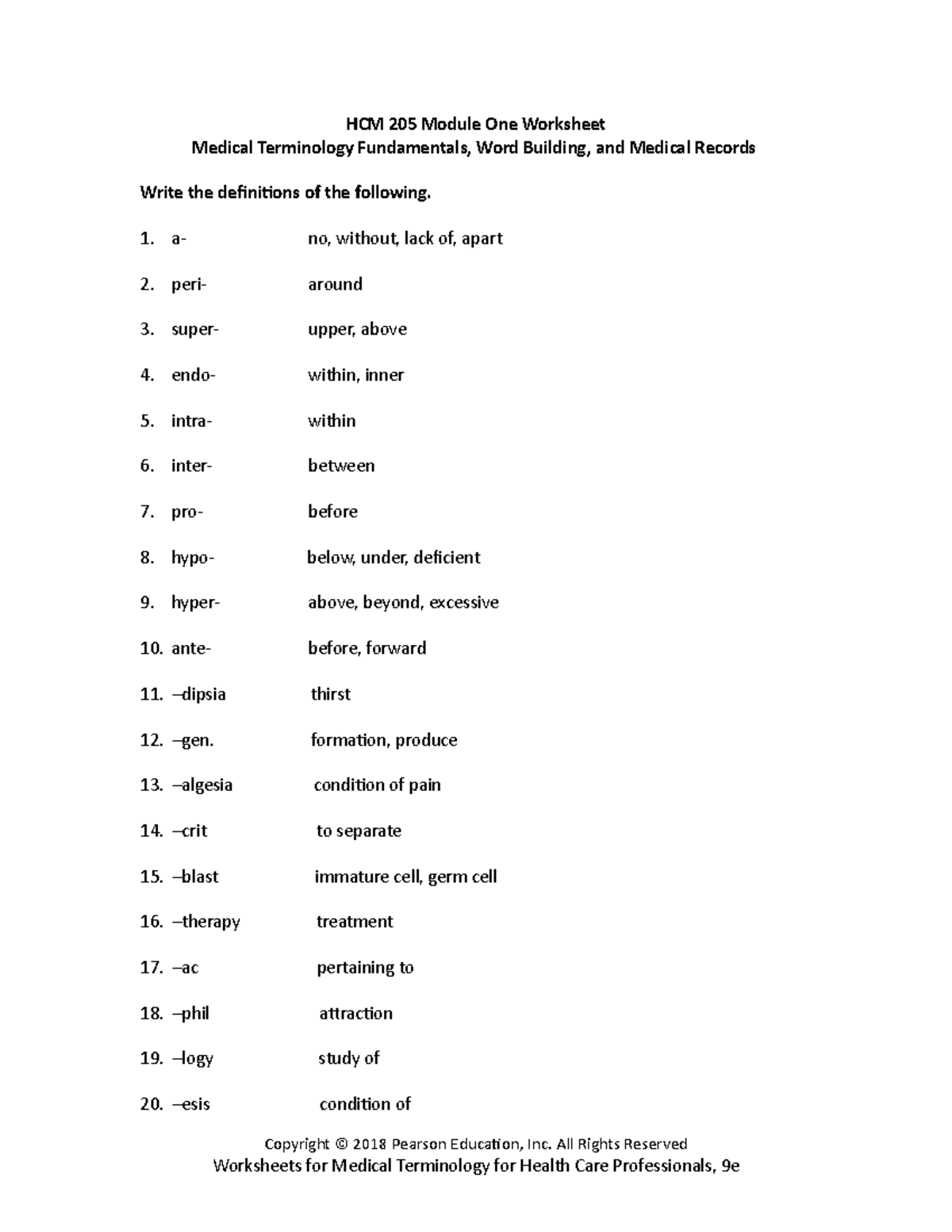 1-3 Worksheet: Medical Terminology, Word Building, and Medical Records -  HCM 205 Module One - Studocu