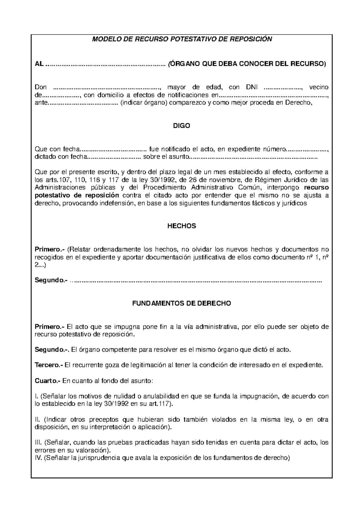 Recurso de Reposicion MODELO DE RECURSO POTESTATIVO DE REPOSICI N AL 