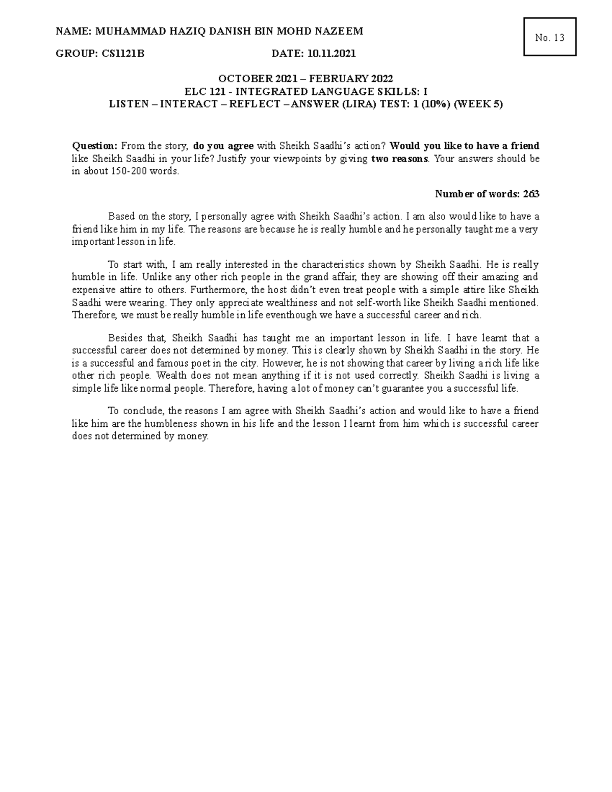LIRA1 CS Muhammad Haziq Danish MOHD Nazeem - OCTOBER 2021 – FEBRUARY ...