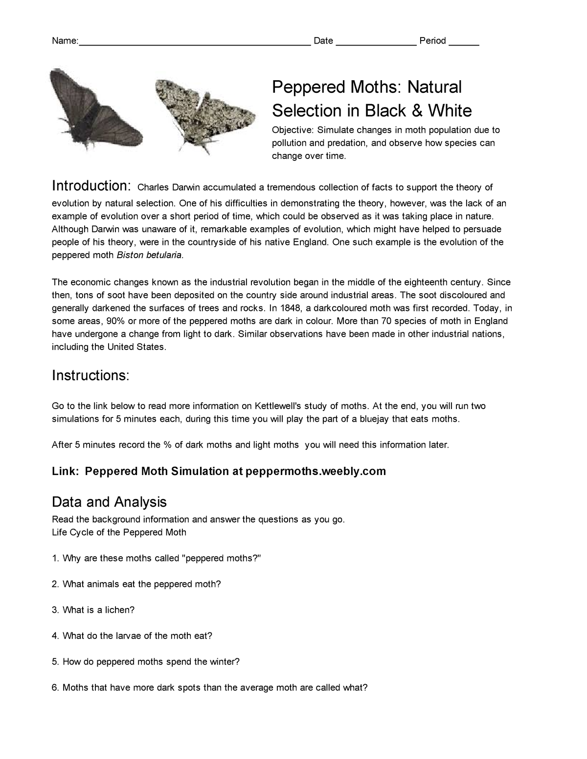Peppered Moths Activity for Evolution and Natural Selection Studocu