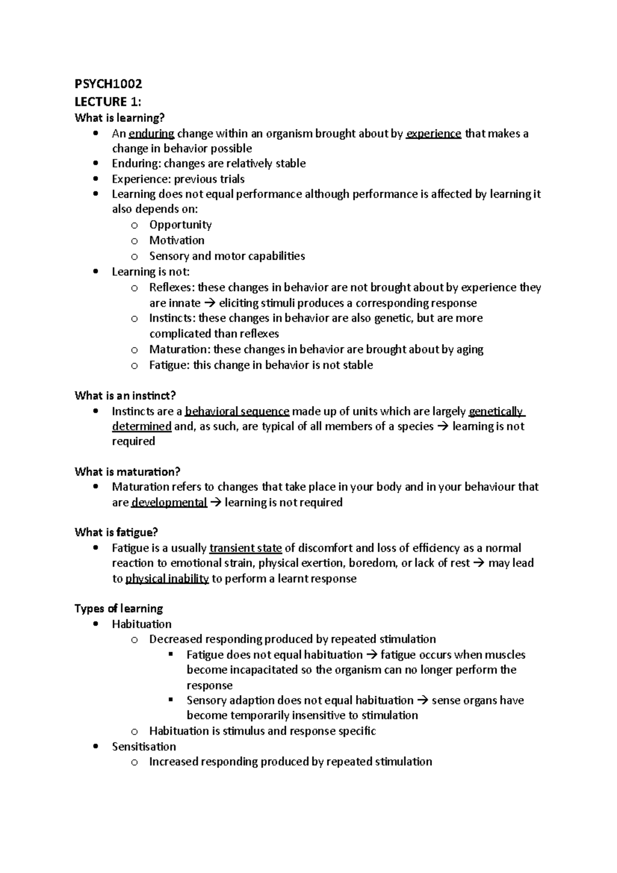 Psych 1002 Lecture Noets - PSYCH LECTURE 1: What is learning? An ...