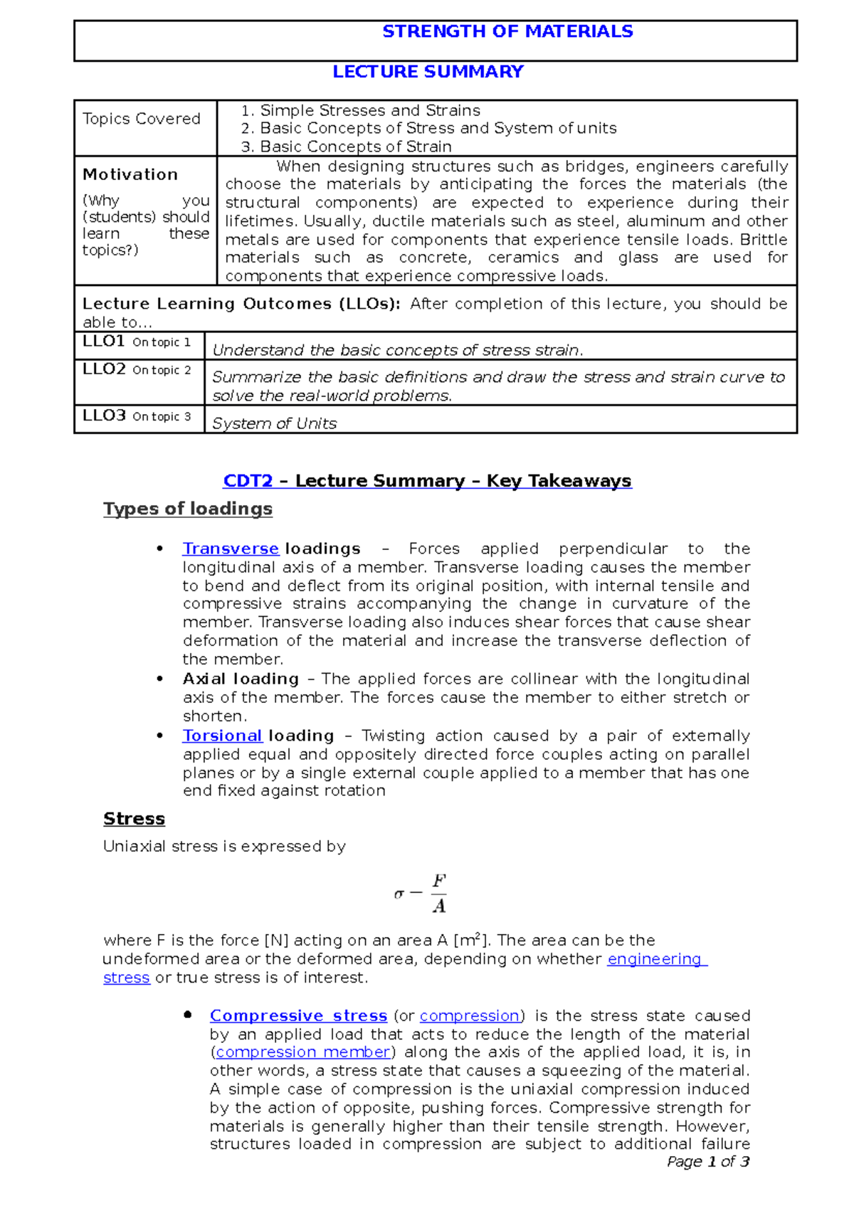 stress and strain - STRENGTH OF MATERIALS LECTURE SUMMARY Topics ...