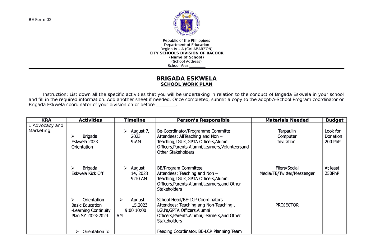 BE Form 2 School WORK PLAN - BE Form 02 Republic of the Philippines ...