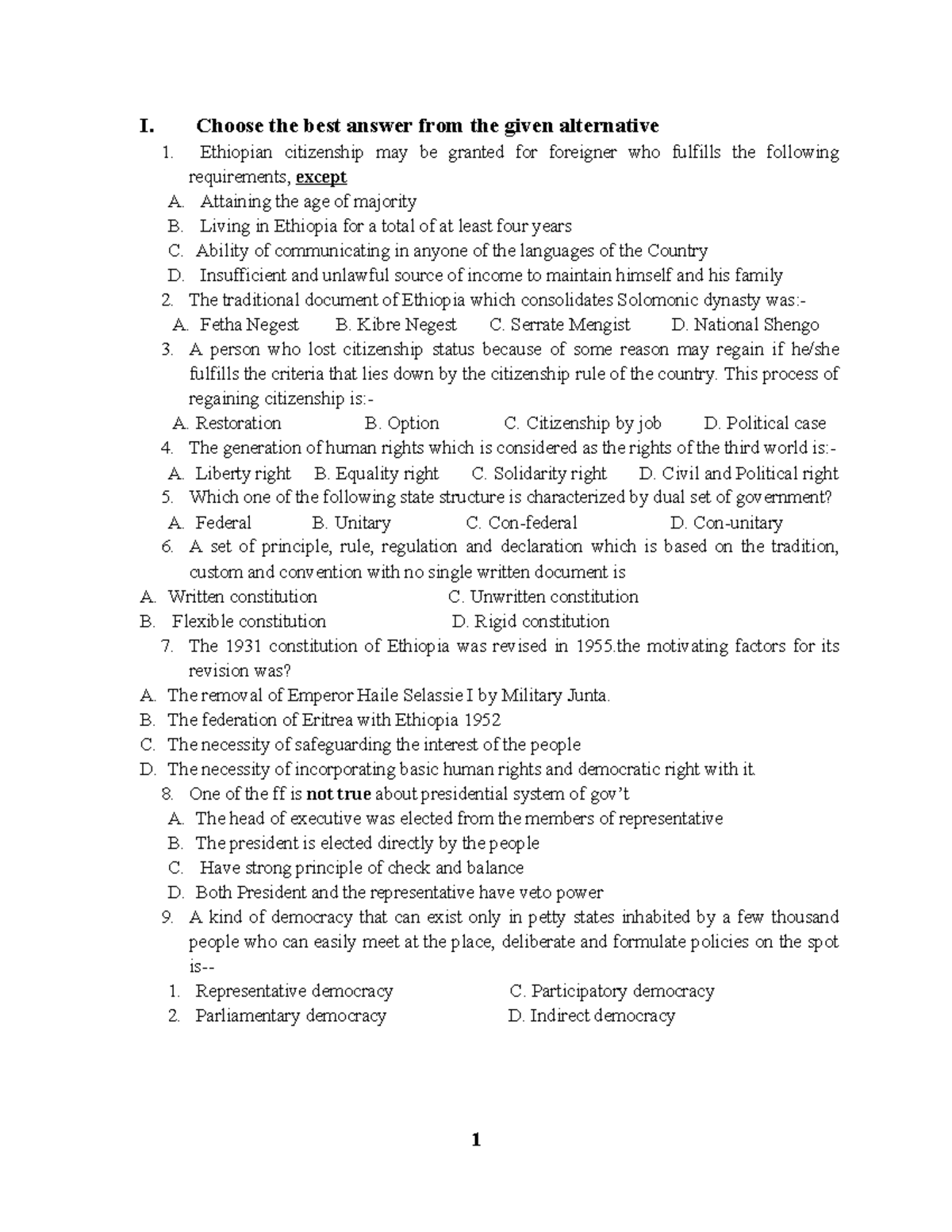 AAU Civics exam - I. Choose the best answer from the given alternative ...