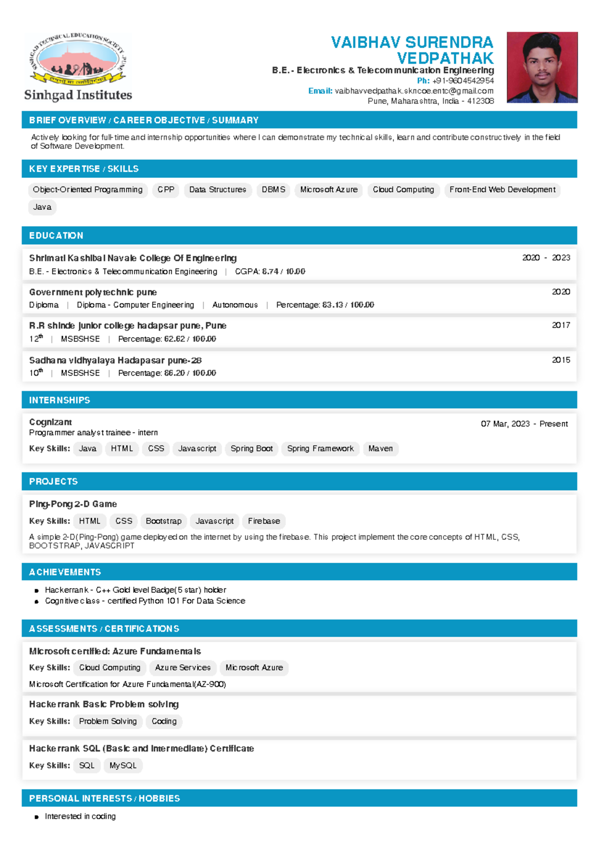 Resume-vaibhav - my resume - VAIBHAV SURENDRA VEDPATHAK B ...