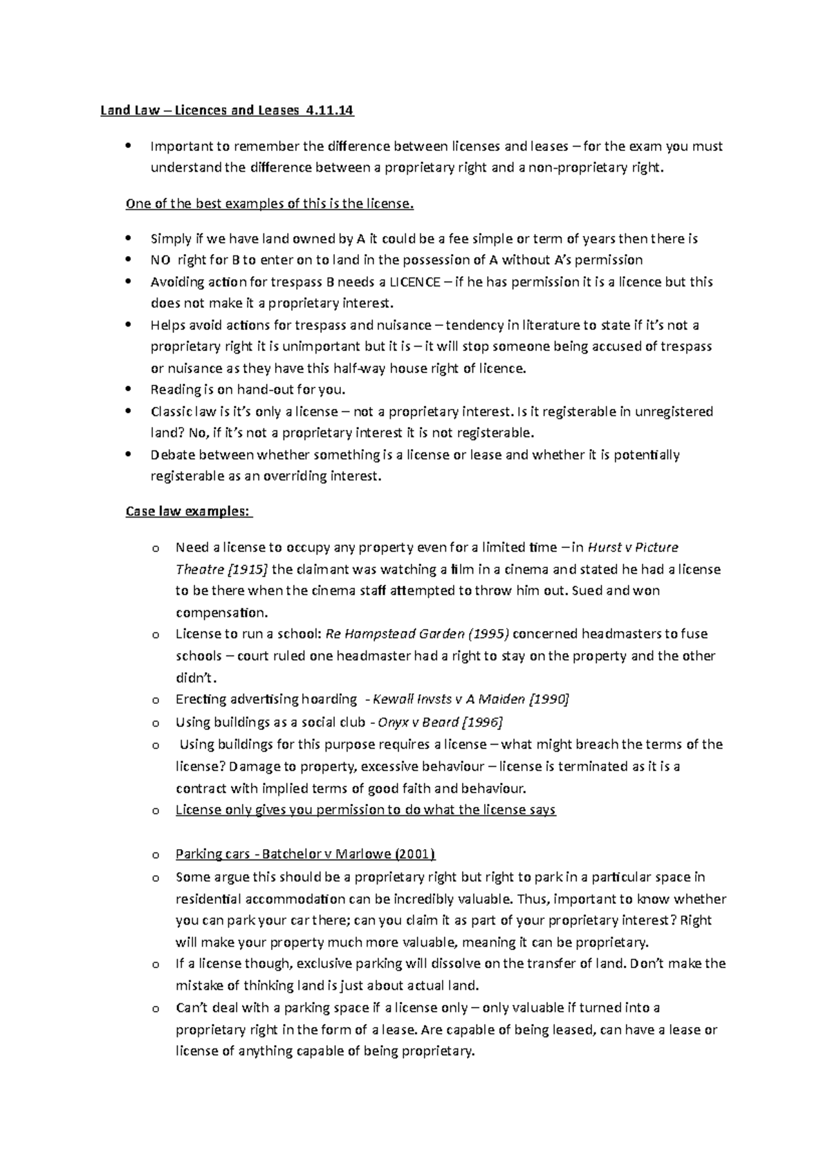 Land law Lease and Licences-6 - Land Law – Licences and Leases 4.11 ...