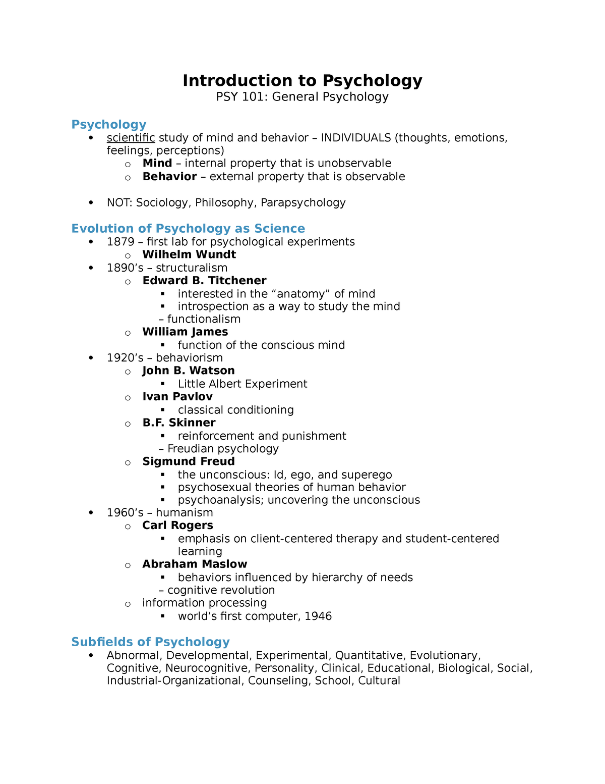 Psy101 - Introduction To Psychology Notes - Introduction To Psychology 