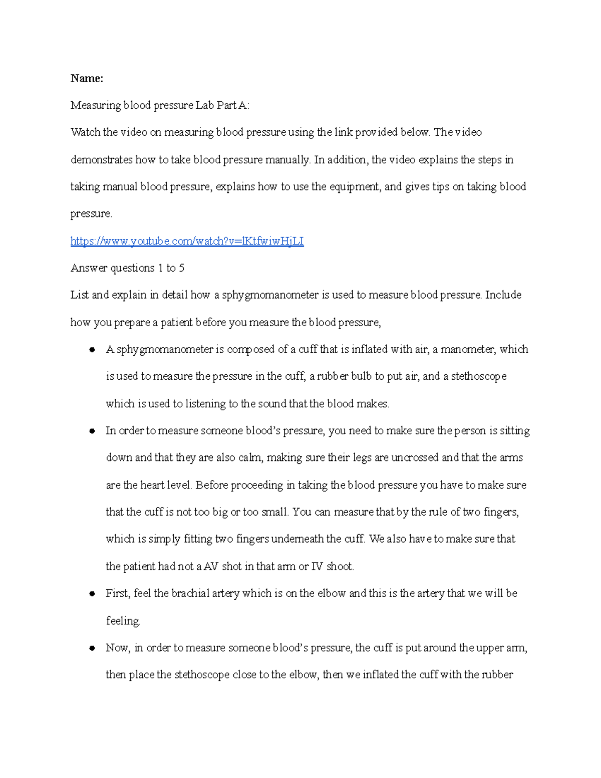 Blood Lab Answers Name Measuring blood pressure Lab Part A Watch