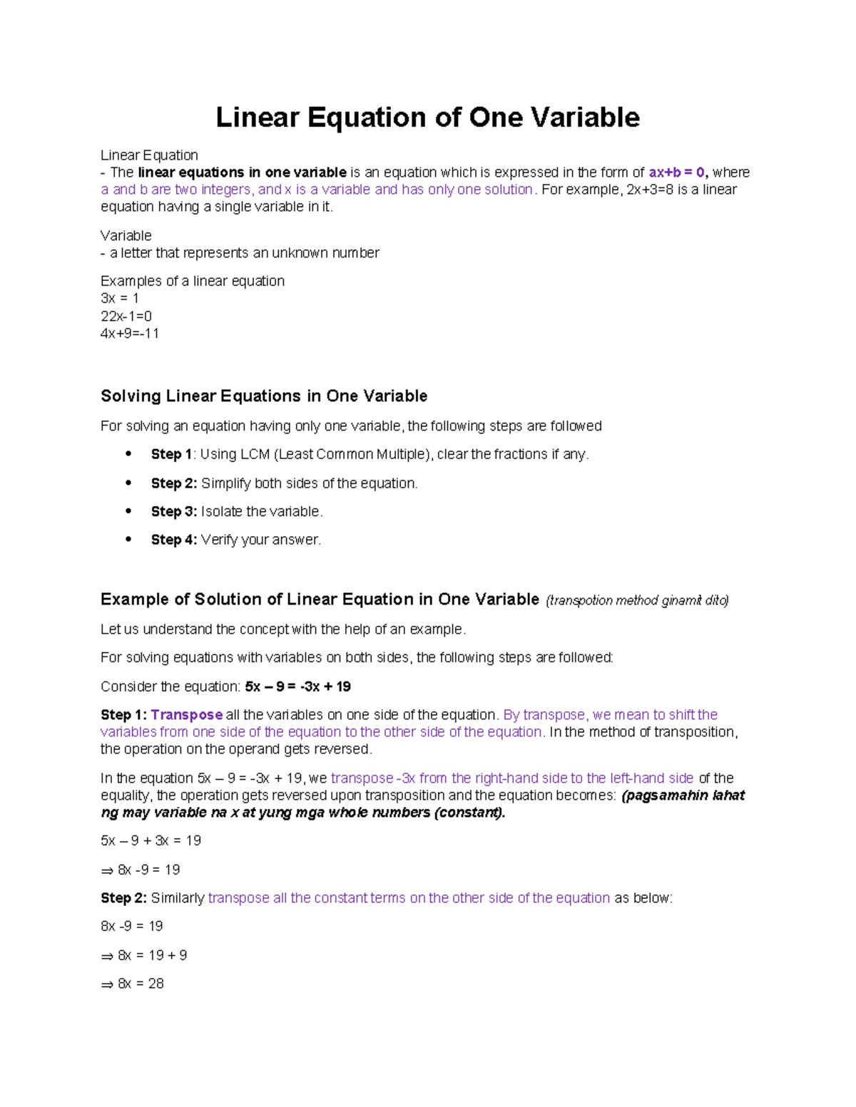 linear equations - For example, 2x+3=8 is a linear equation having a ...