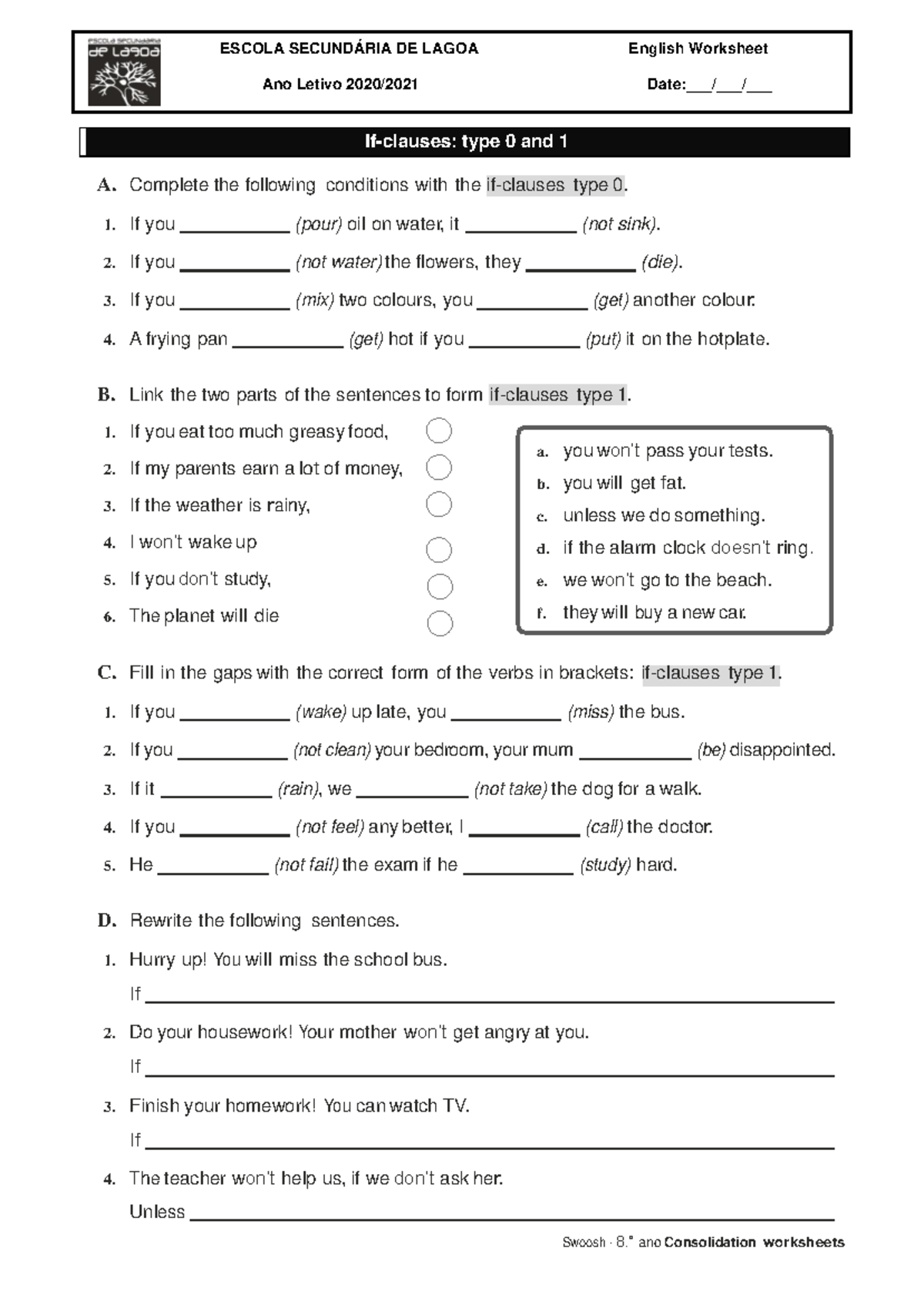 If-clauses type 0 and 1 - ficha de trabalho - Swoosh · 8. ̊ ano ...