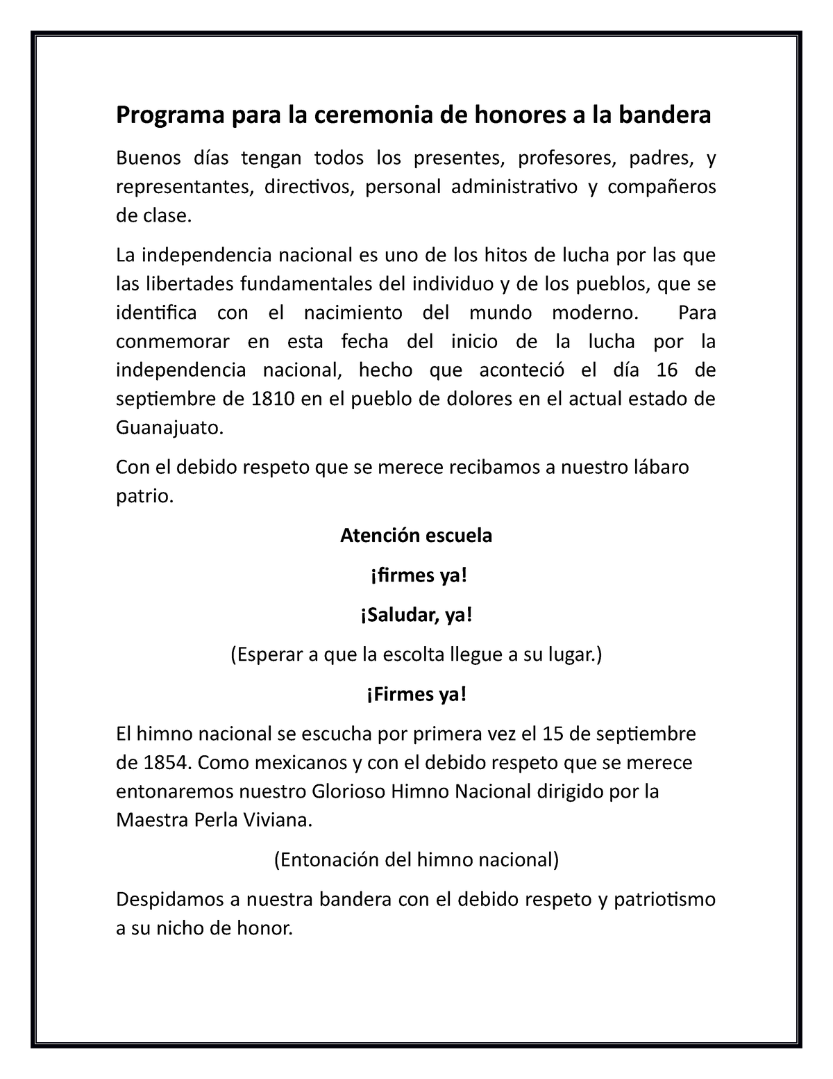 Programa Para La Ceremonia De Honores A La Bandera - La Independencia ...