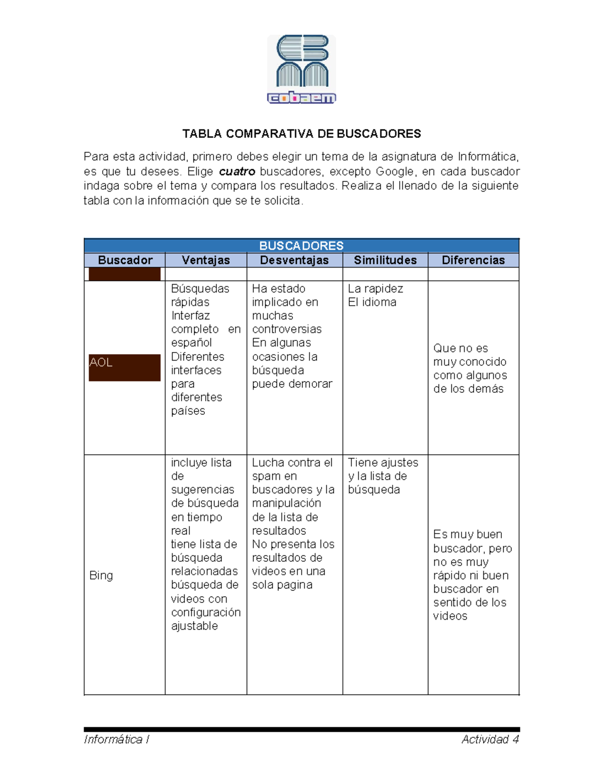 Tabla comparativa - TABLA COMPARATIVA DE BUSCADORES Para esta actividad ...