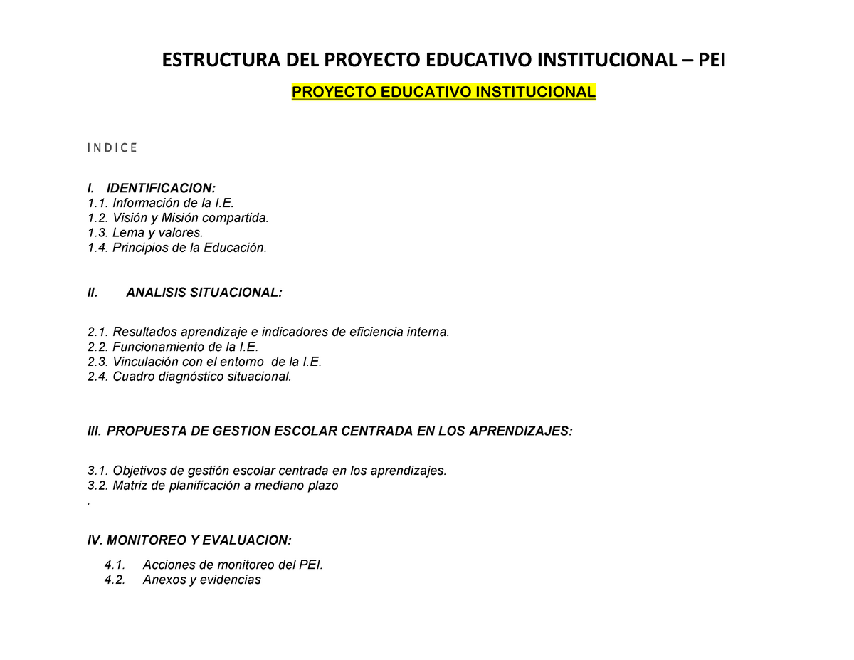 Estructura DEL Proyecto Educativo Institucional - ESTRUCTURA DEL ...