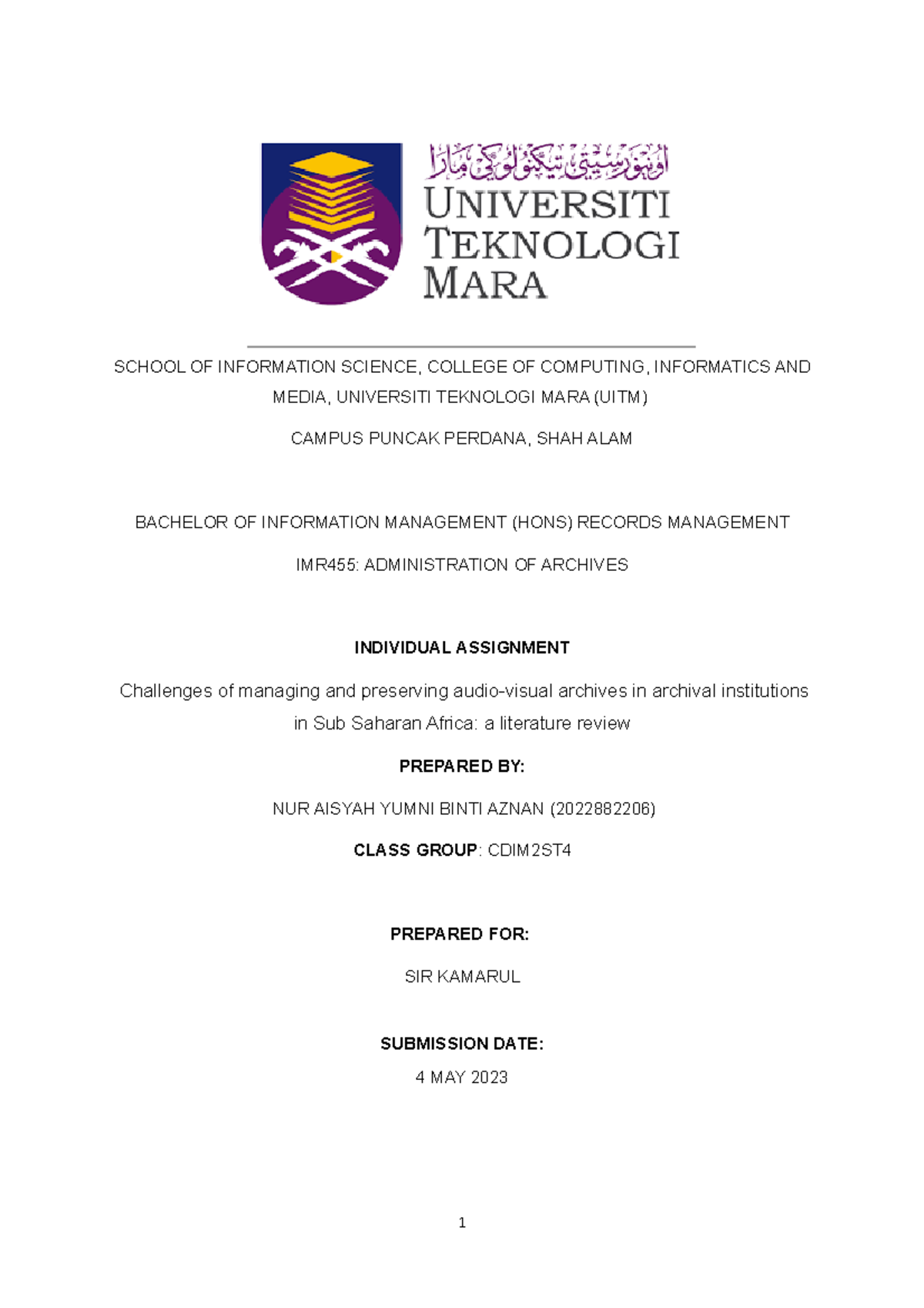 IMR455 Individual Assignment WEEK 5 - SCHOOL OF INFORMATION SCIENCE ...