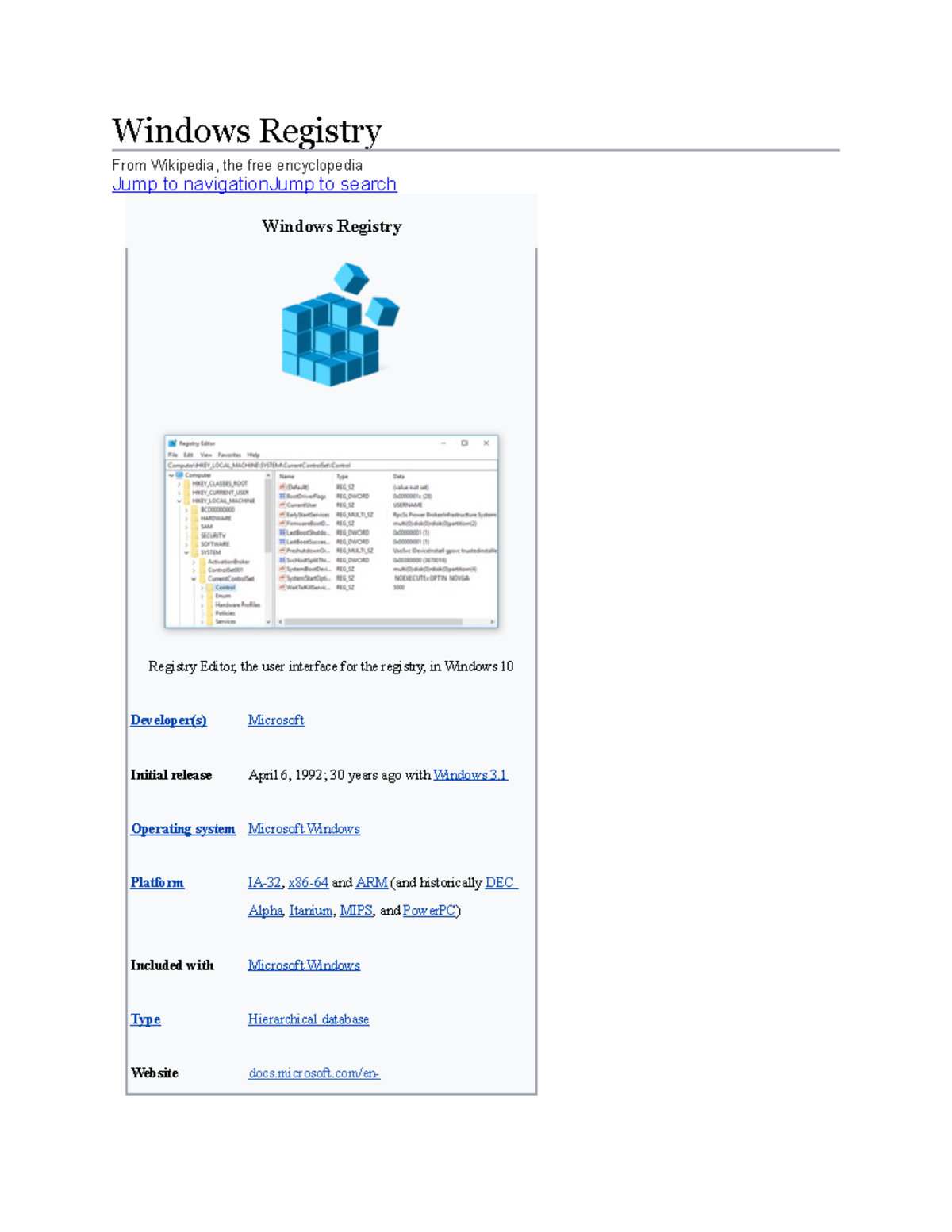 Windows Registry Windows Registry From Wikipedia, the free