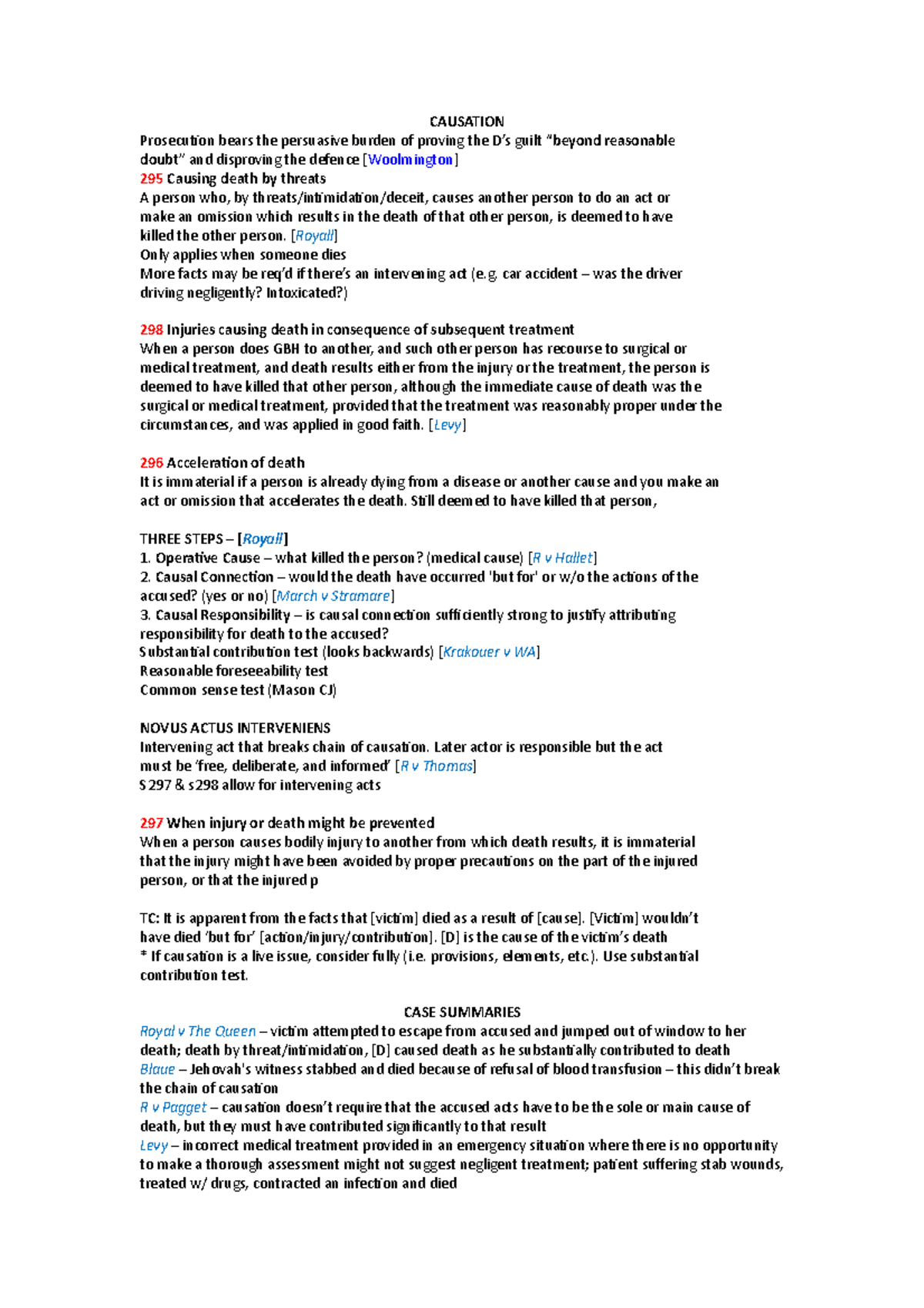 Final notes 1 - CAUSATION Prosecution bears the persuasive burden of ...
