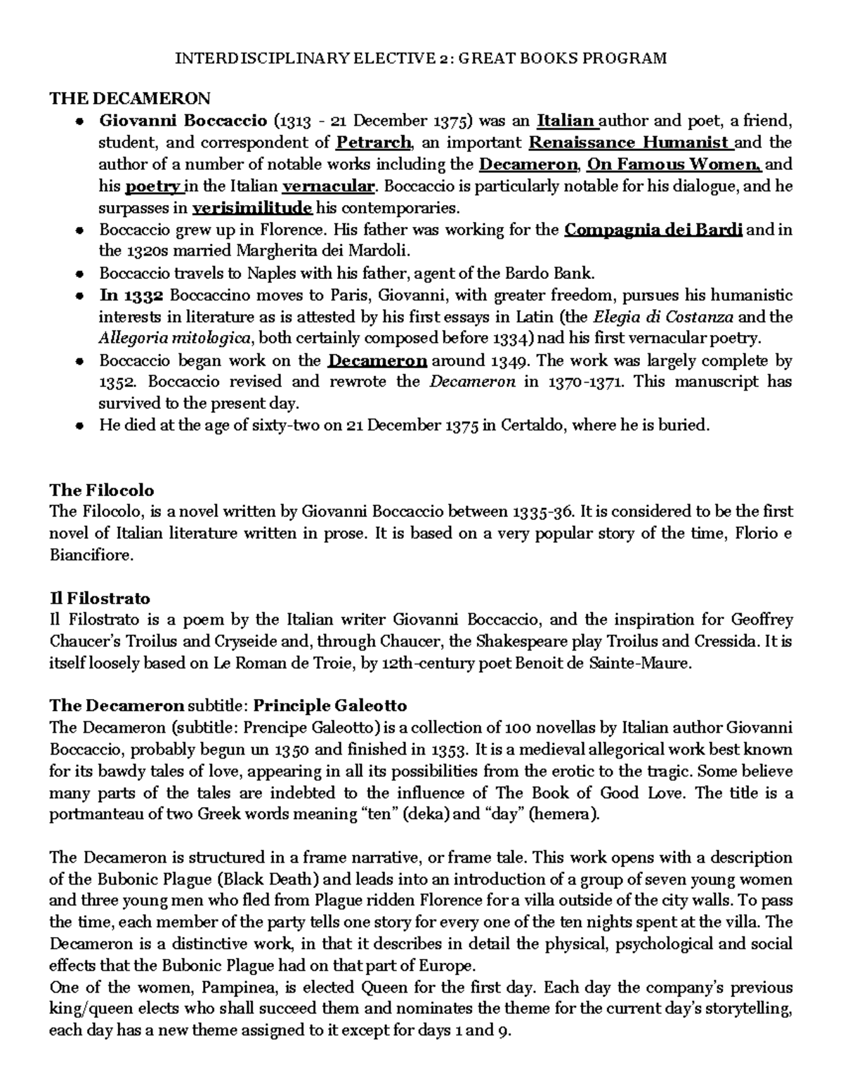 The Decameron Interdisciplinary Elective 2 Great Books Program - THE ...