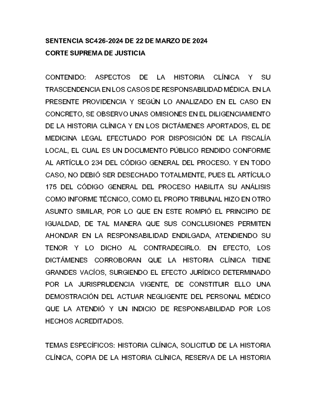 Sentencia SC426- Marzo 22 - 2024 Historia Clinica - SENTENCIA SC426