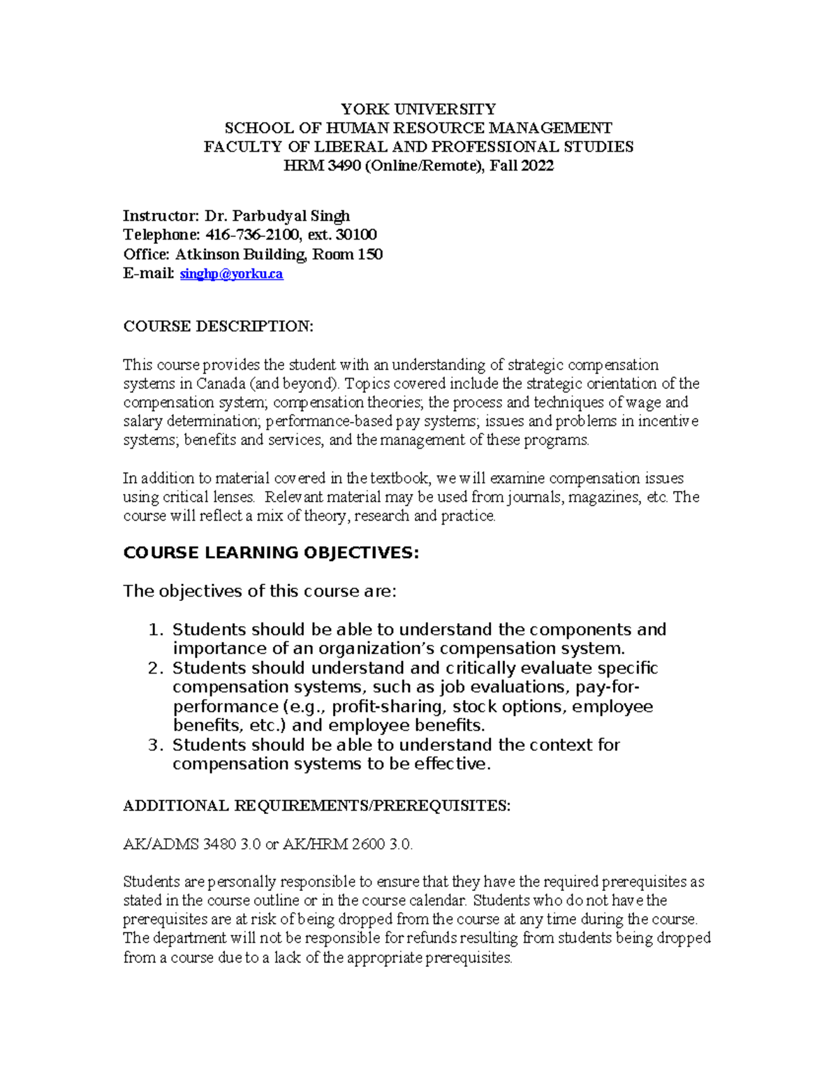 HRM 3490 Fall 2022 Course Outline - YORK UNIVERSITY SCHOOL OF HUMAN ...