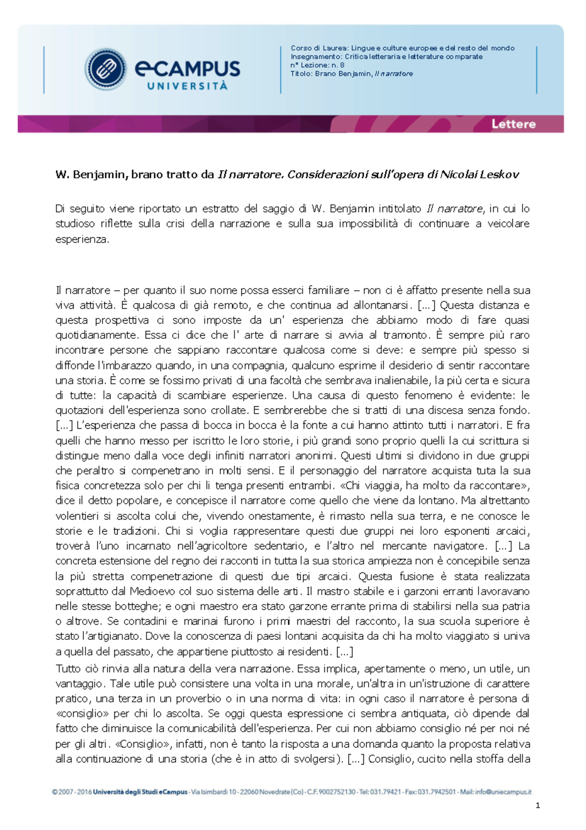 Brano Benjamin Critica Marxista Insegnamento Critica Letteraria E Letterature Comparate N 8722