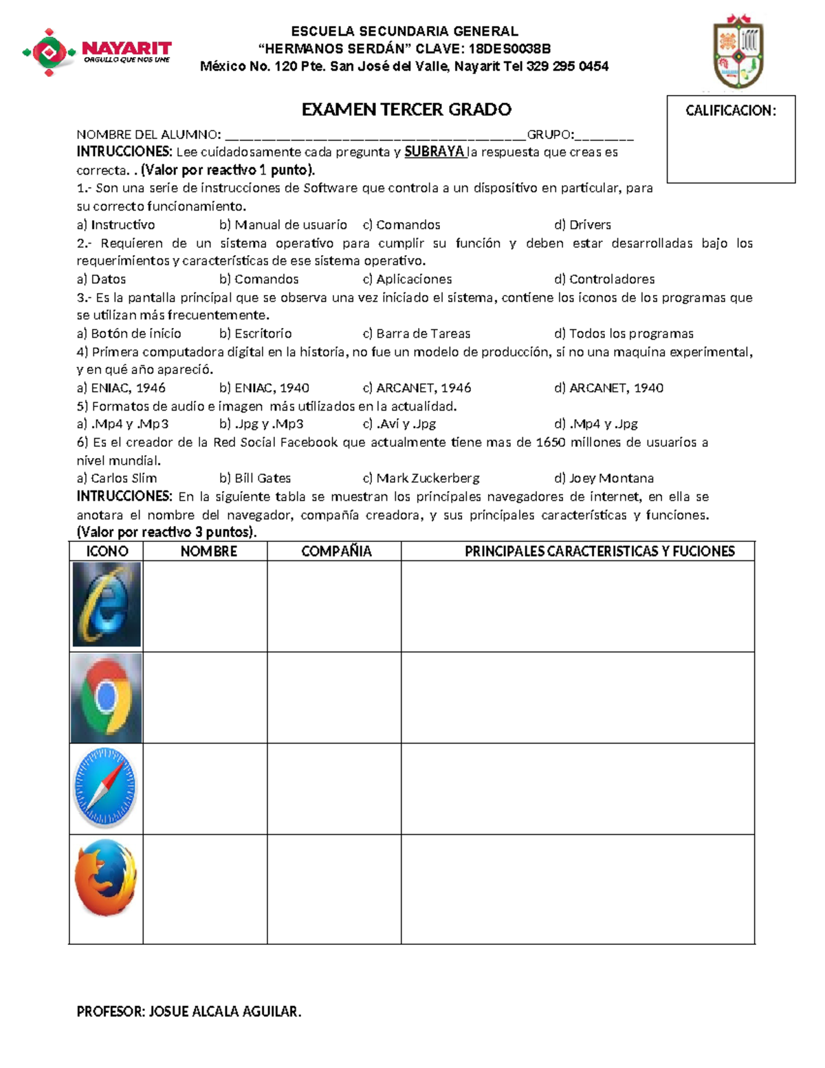 Examen informatica 1 boque 3 - ESCUELA SECUNDARIA GENERAL “HERMANOS ...