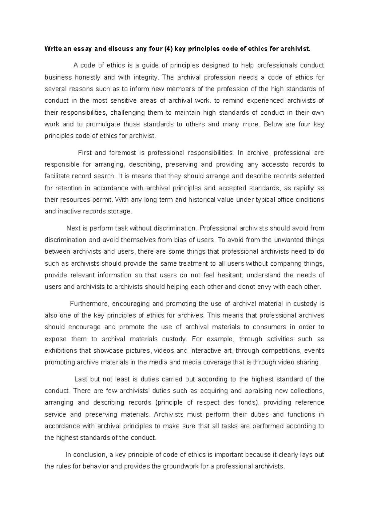 Write an essay and discuss any four (4) key principles code of ethics ...