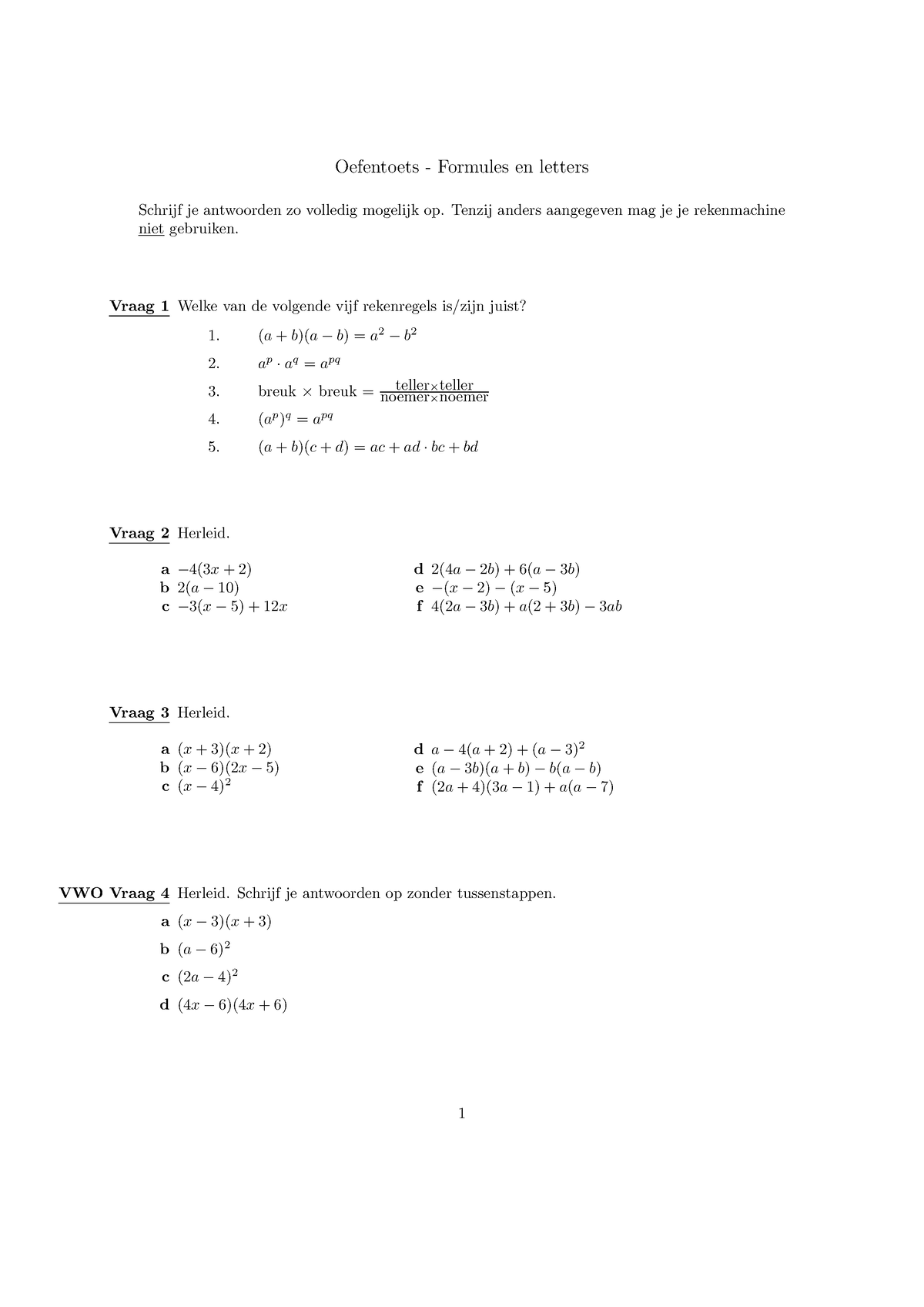 Oefentoets Rekenen Met Letters-1 - Oefentoets - Formules En Letters ...