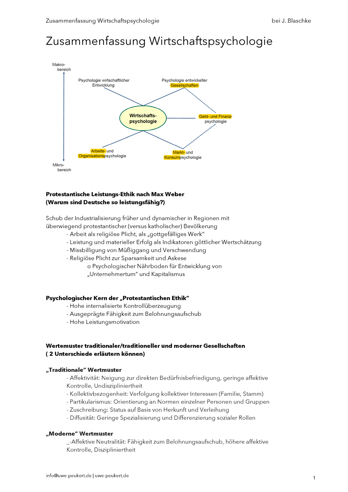 Zusammenfassung Wirtschaftspsychologie - Blaschke Zusammenfassung ...