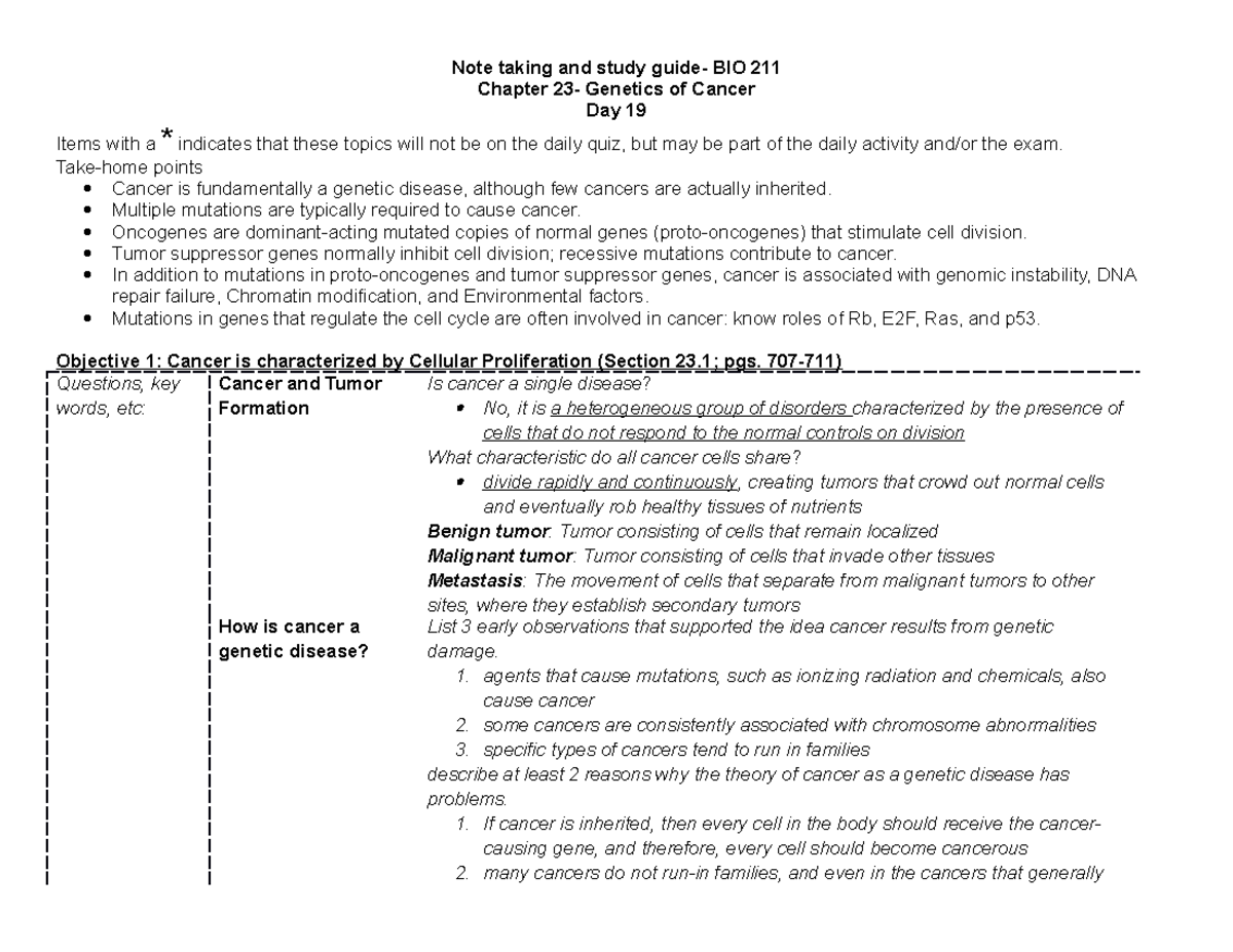 BIO 211- Day 19 Ch 23 Cancer - Note taking and study guide- BIO 211 ...