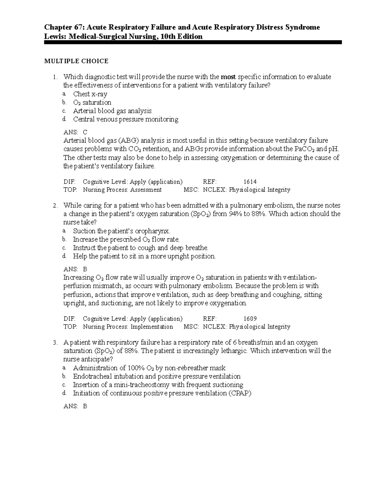 C67 - ch 67 test bank - Chapter 67: Acute Respiratory Failure and Acute ...