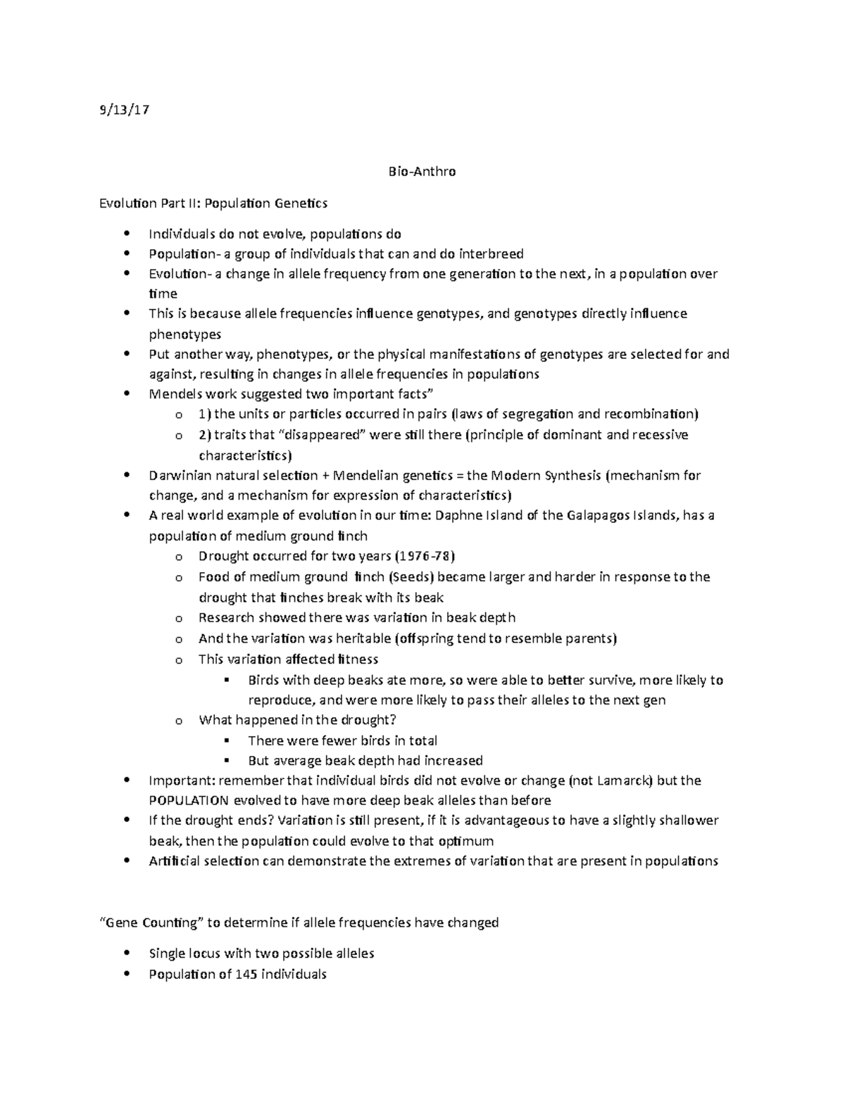 Bio anth - Lecture notes 1-10 - 9/13/ Bio-Anthro Evolution Part II ...
