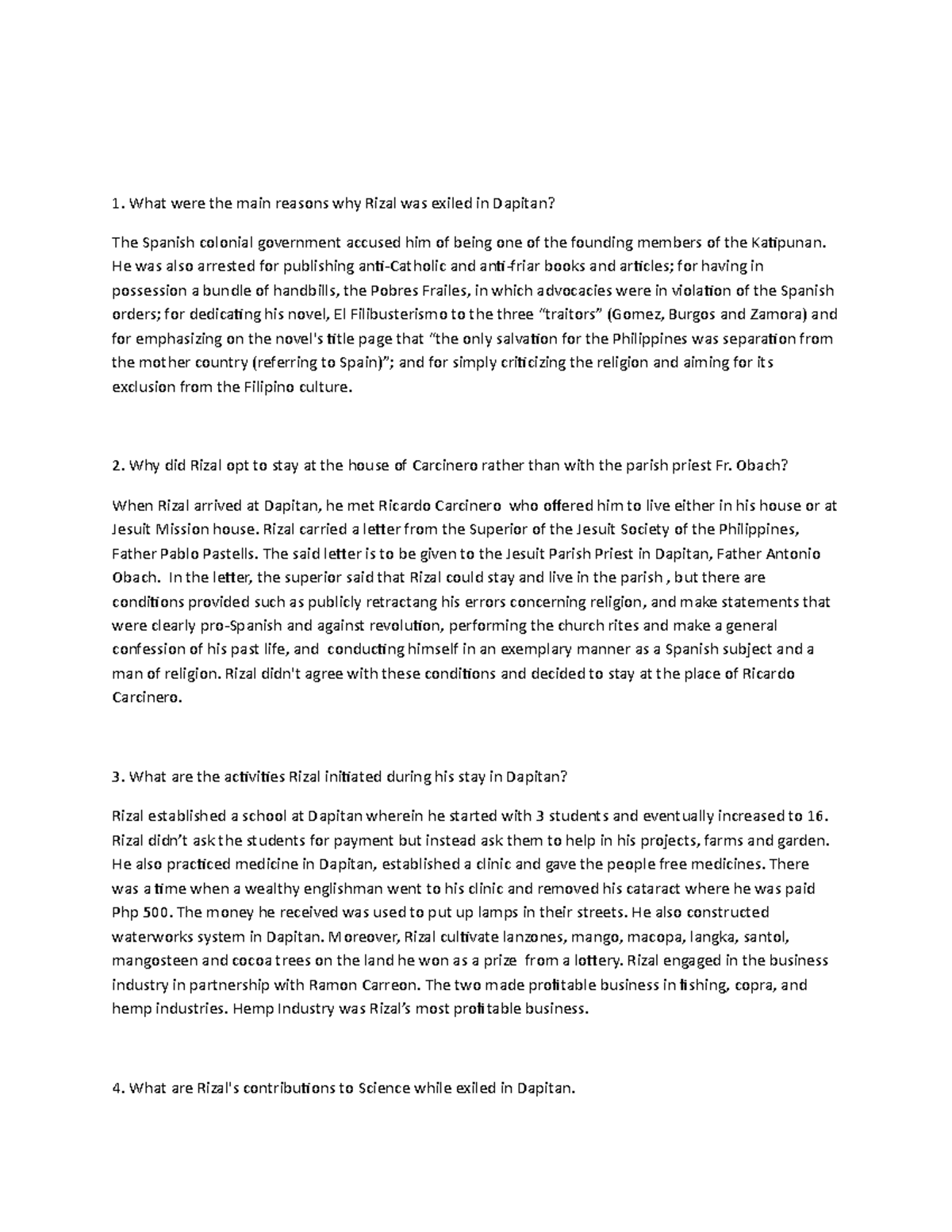 Rizal in Dapitan an essay What were the main reasons why Rizal was