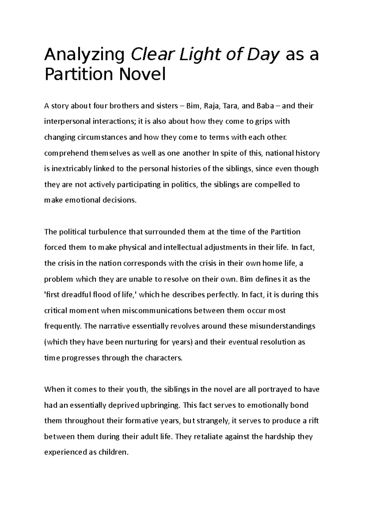 Analyzing Clear Light of Day as a Partition Novel comprehend