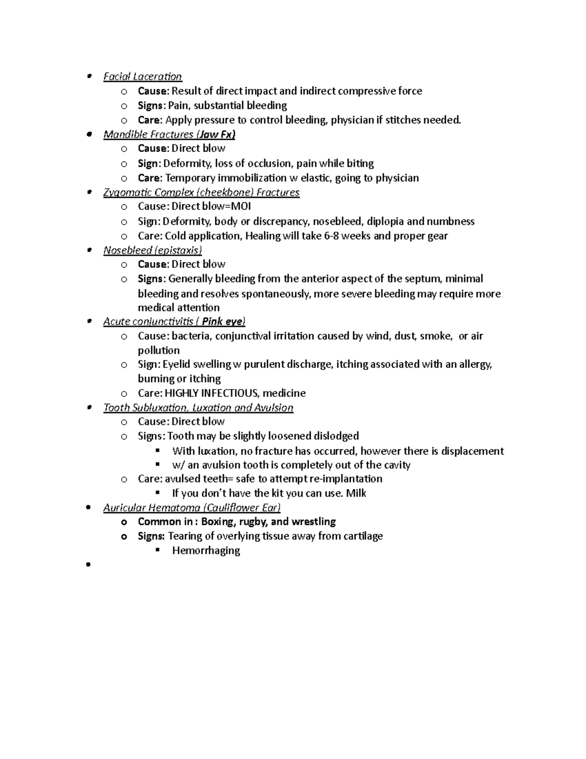 Chapter 22 Prev and Injury - Facial Laceration o Cause: Result of ...