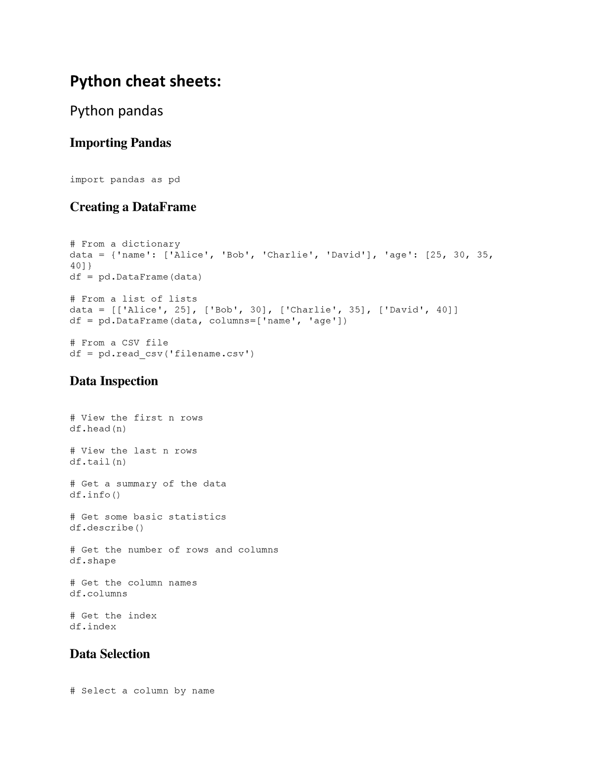 Python Cheat Sheets Python Cheat Sheets Python Pandas Importing Pandas Import Pandas As Pd