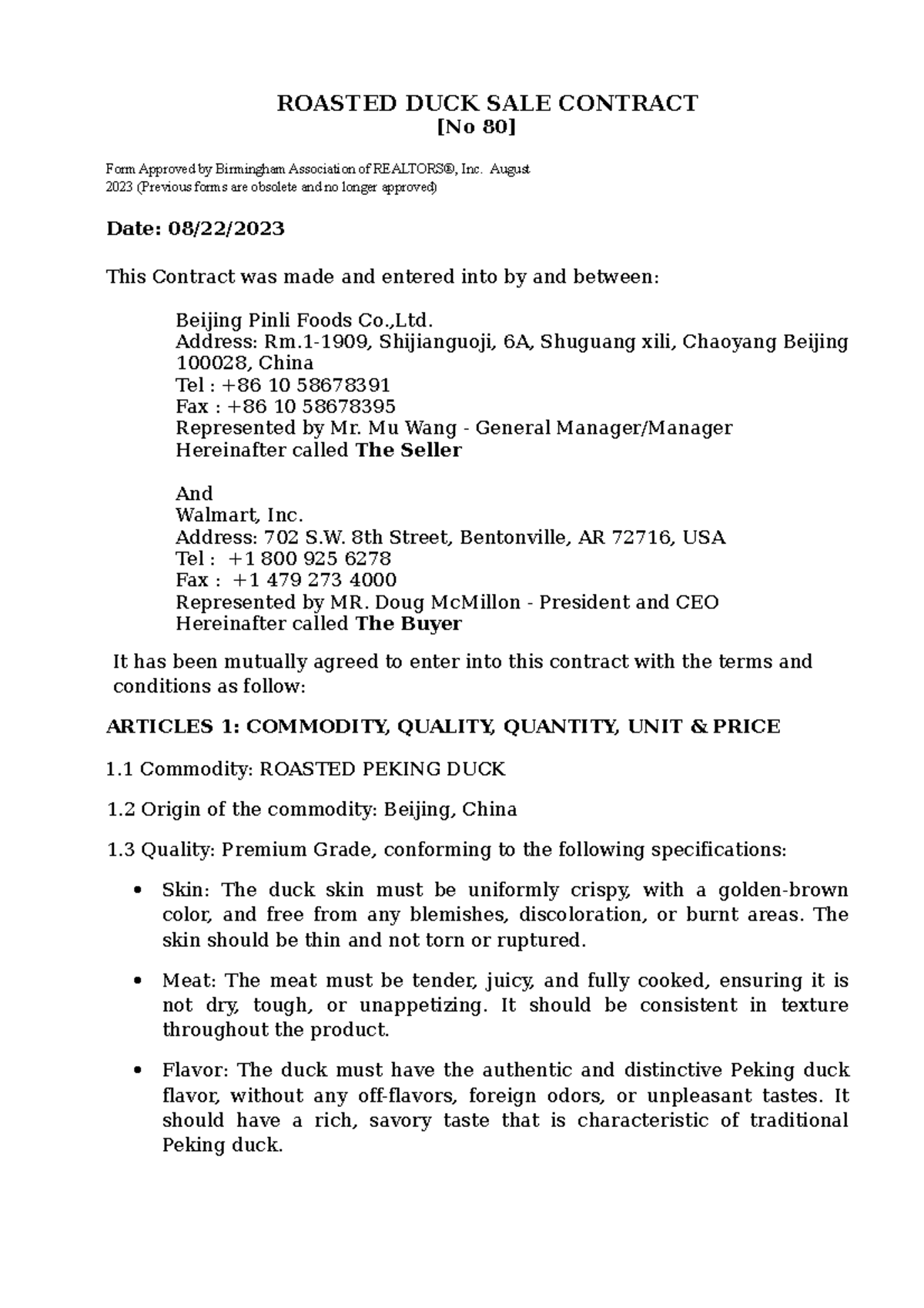 Roastedducksalecontract ROASTED DUCK SALE CONTRACT [No 80] Form Approved by Birmingham