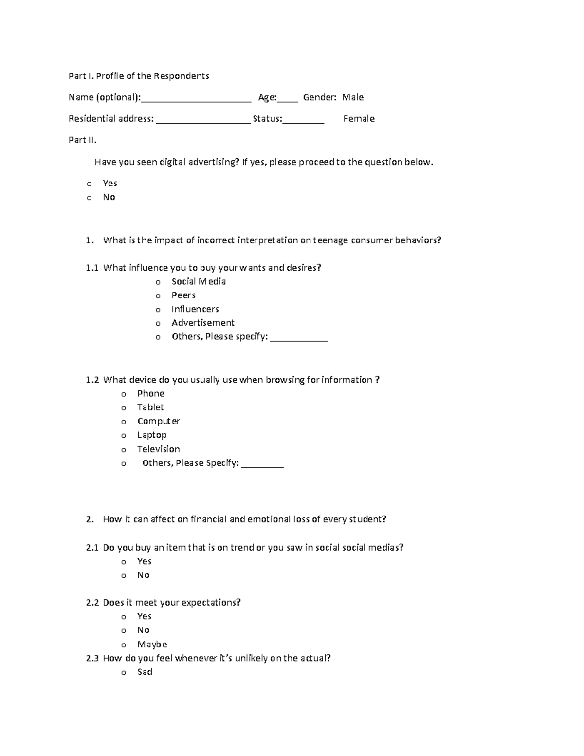 Questionnaire - Grade: 9 - Part I. Profile of the Respondents Name ...