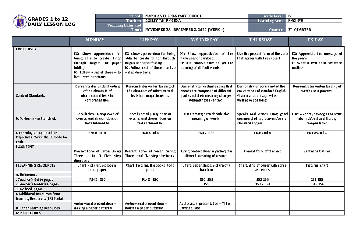 DLL English 4 Q2 W4 - hell - GRADES 1 to 12 DAILY LESSON LOG School ...