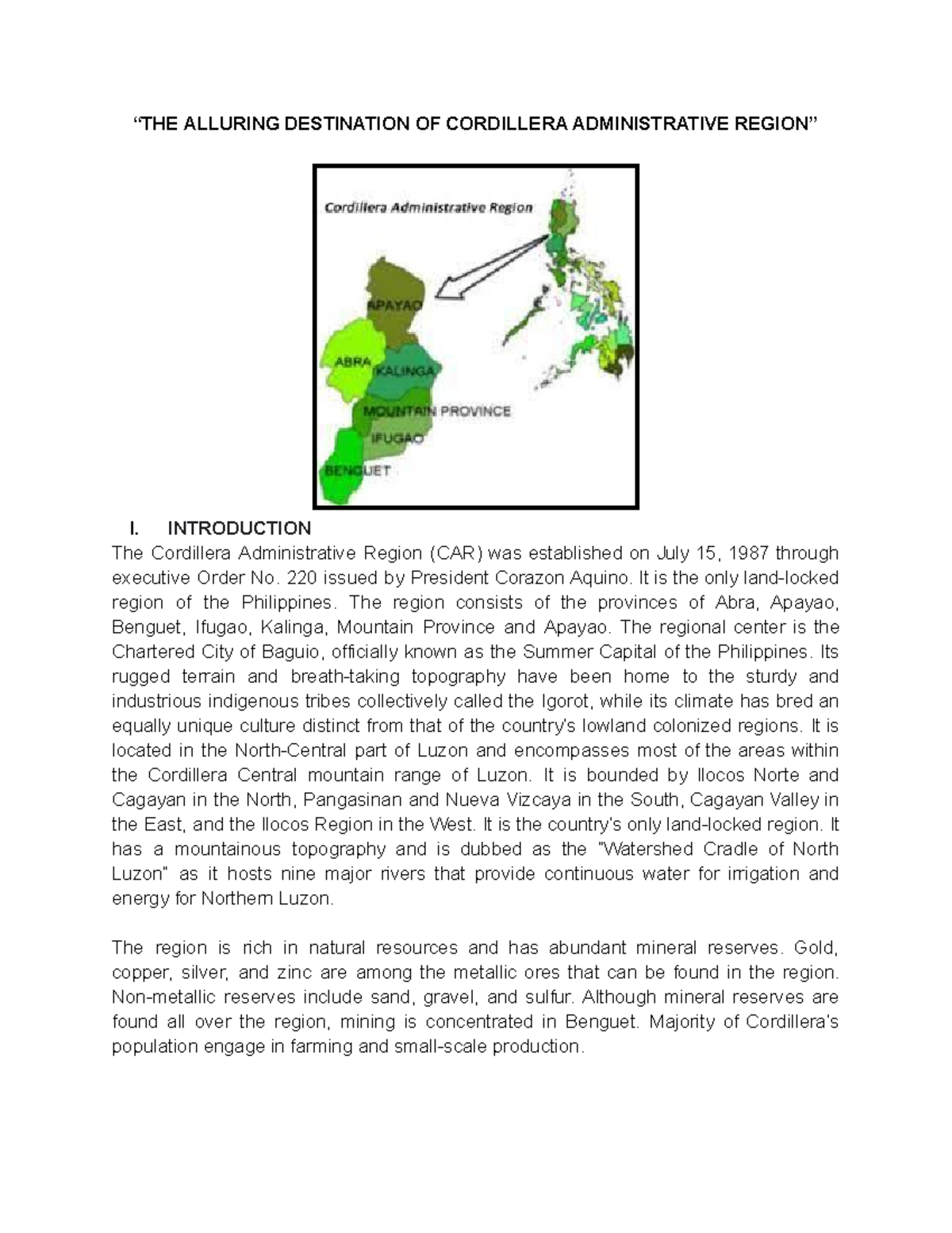 Destination Report TOURISM - “THE ALLURING DESTINATION OF CORDILLERA ...