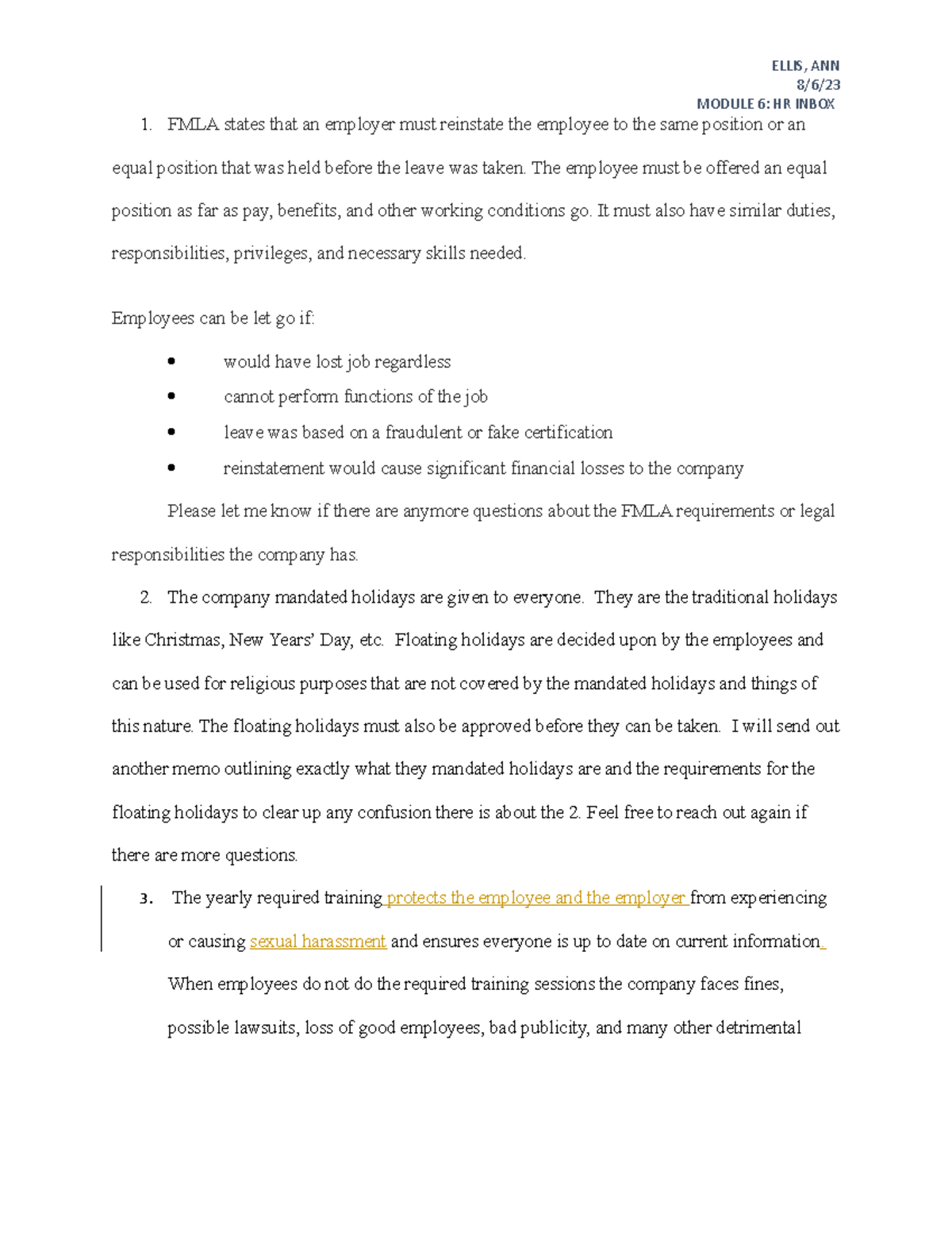 Hrm module 6 hr inbox - ELLIS, ANN8/6/ MODULE 6: HR INBOX FMLA states ...