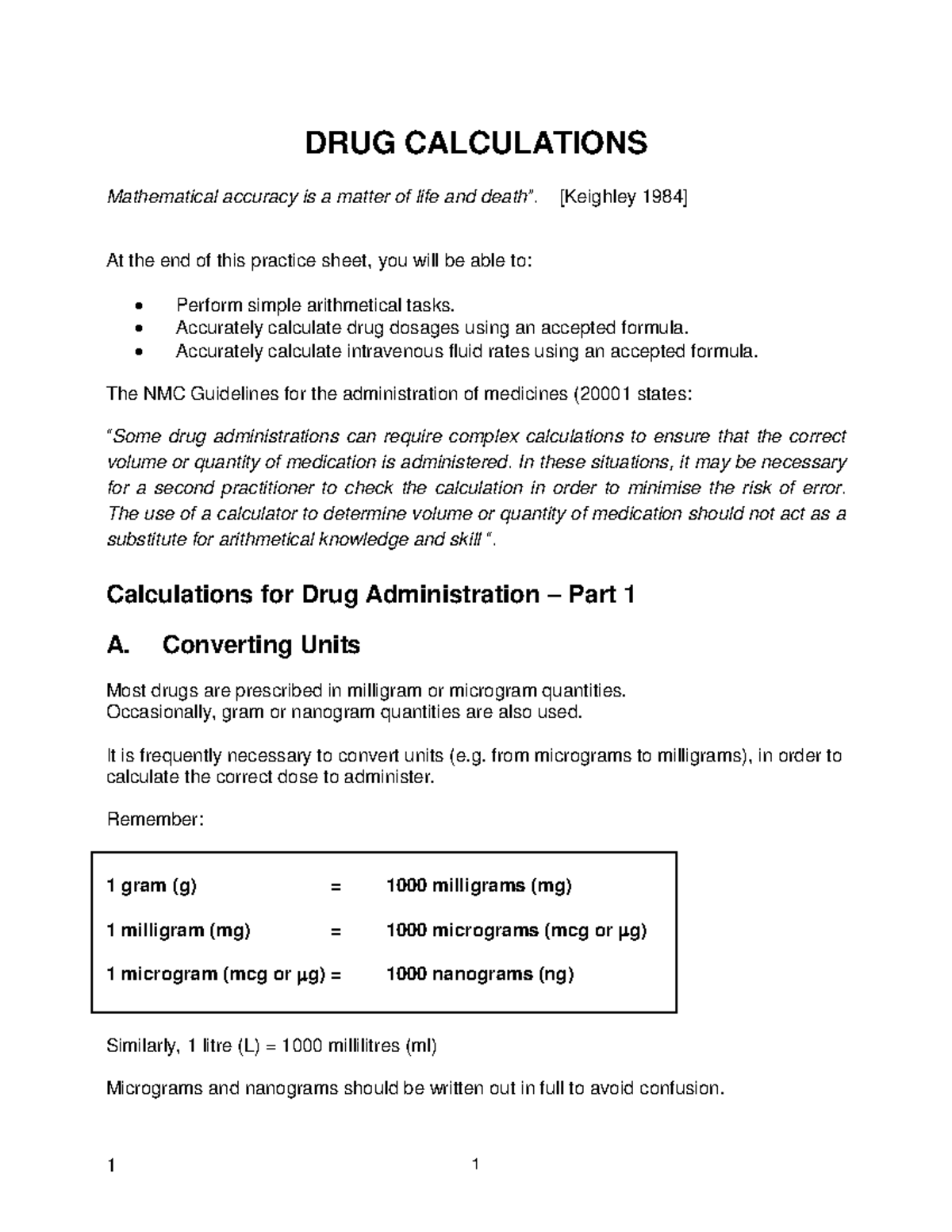 Drug Calculation - DRUG CALCULATIONS Mathematical accuracy is a matter ...