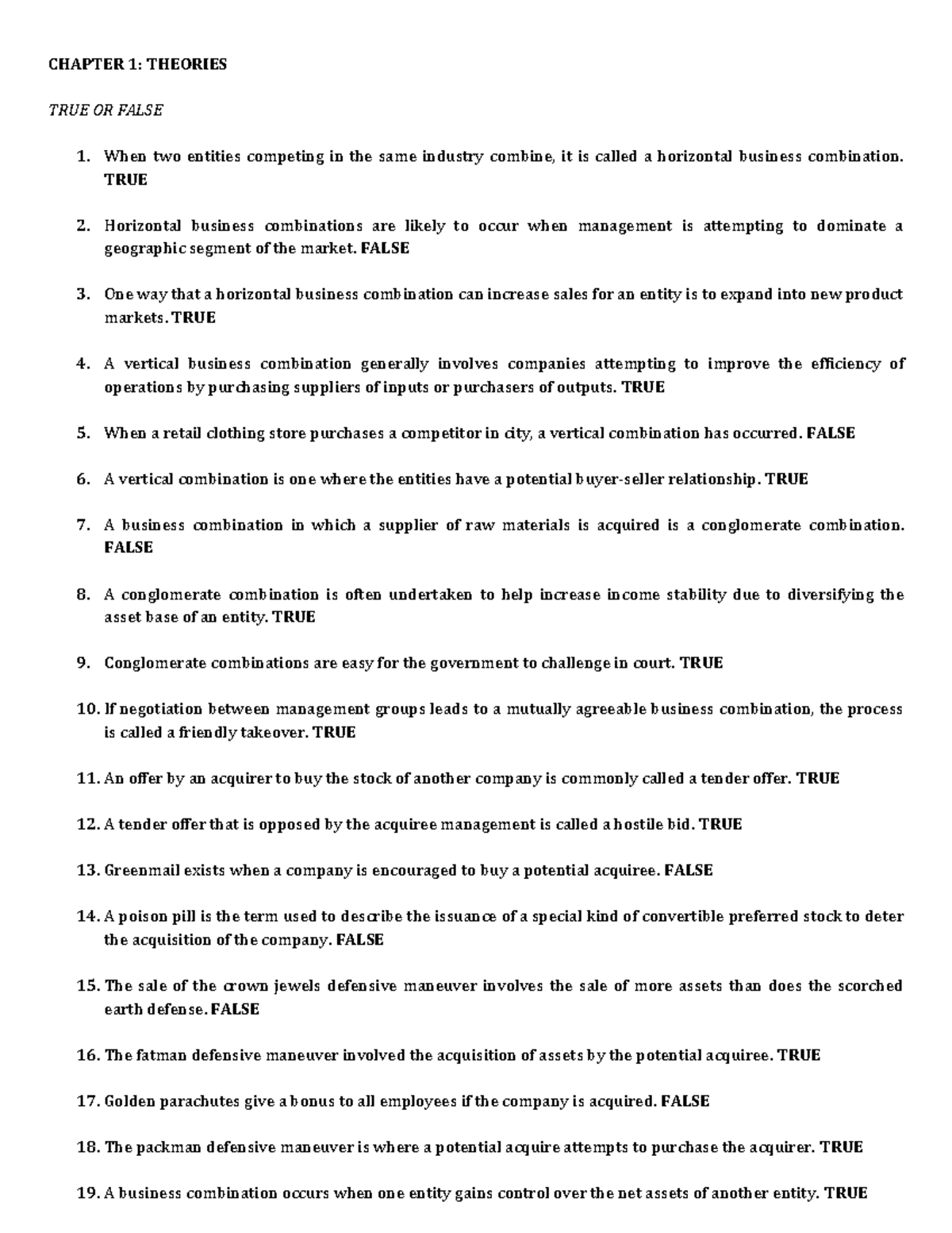 Advance accounting chapter 1 chapter 5 multiple and t/f questions CHAPTER 1 THEORIES TRUE OR