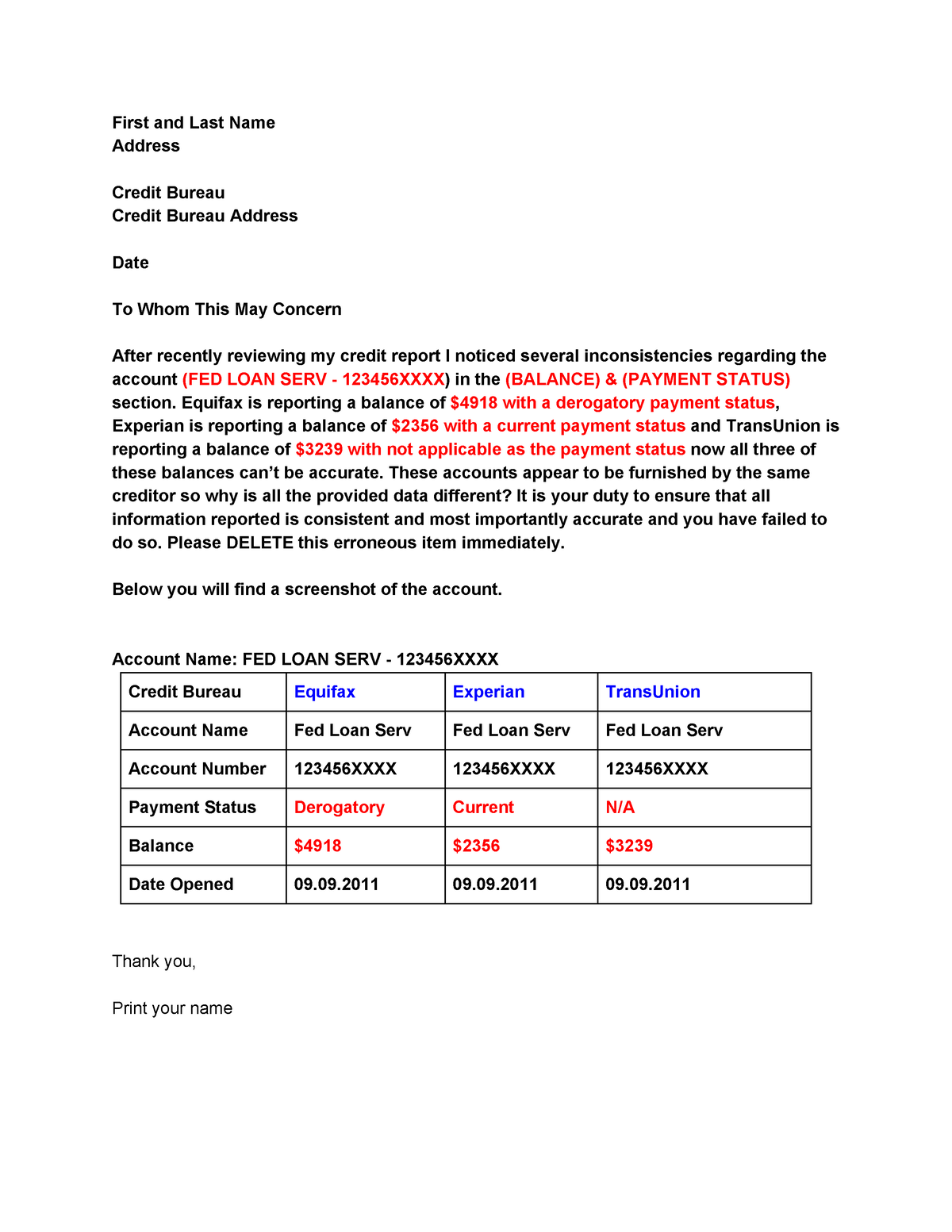 Factual Dispute Template - First and Last Name Address Credit Bureau ...