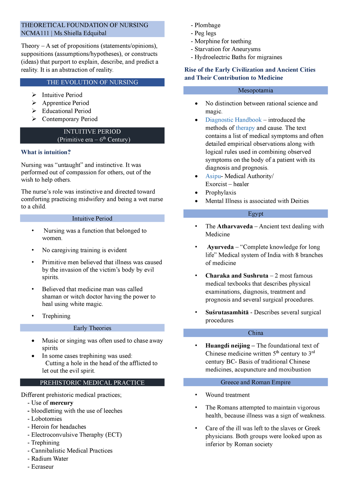 NCMA WEEK 1-4 - notes - THEORETICAL FOUNDATION OF NURSING NCMA111 | Ms ...