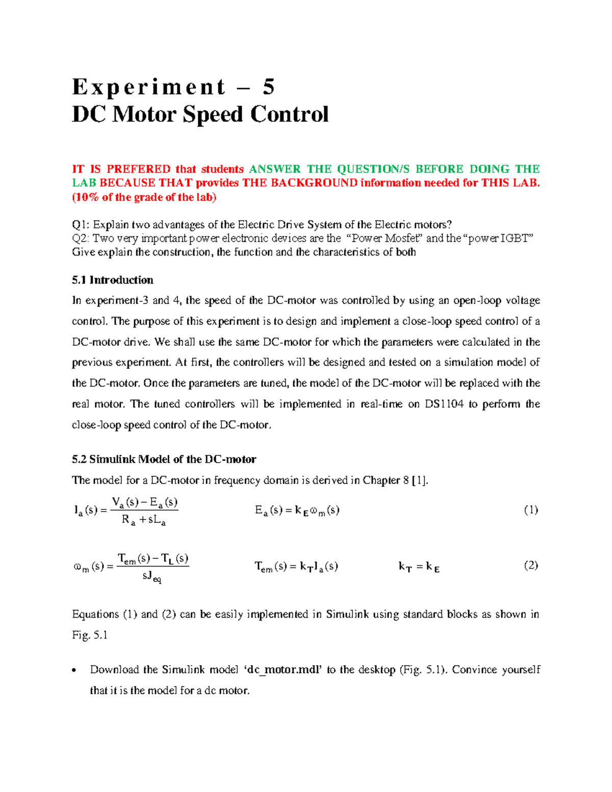 ECE462 motor lab Experiment 5 - E x p e r i m e n t – 5 DC Motor Speed ...