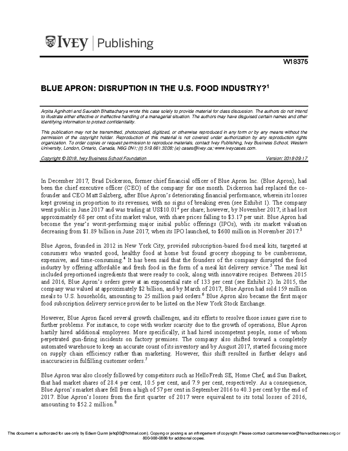 Blue Apron Disruption in the U.S. Food Industry Case W BLUE APRON