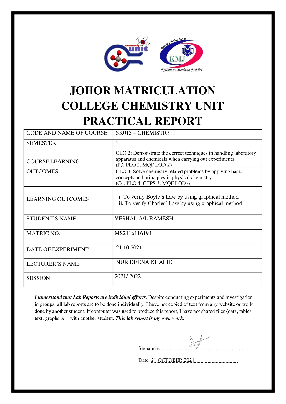 lab report chemistry matriculation experiment 1 semester 2